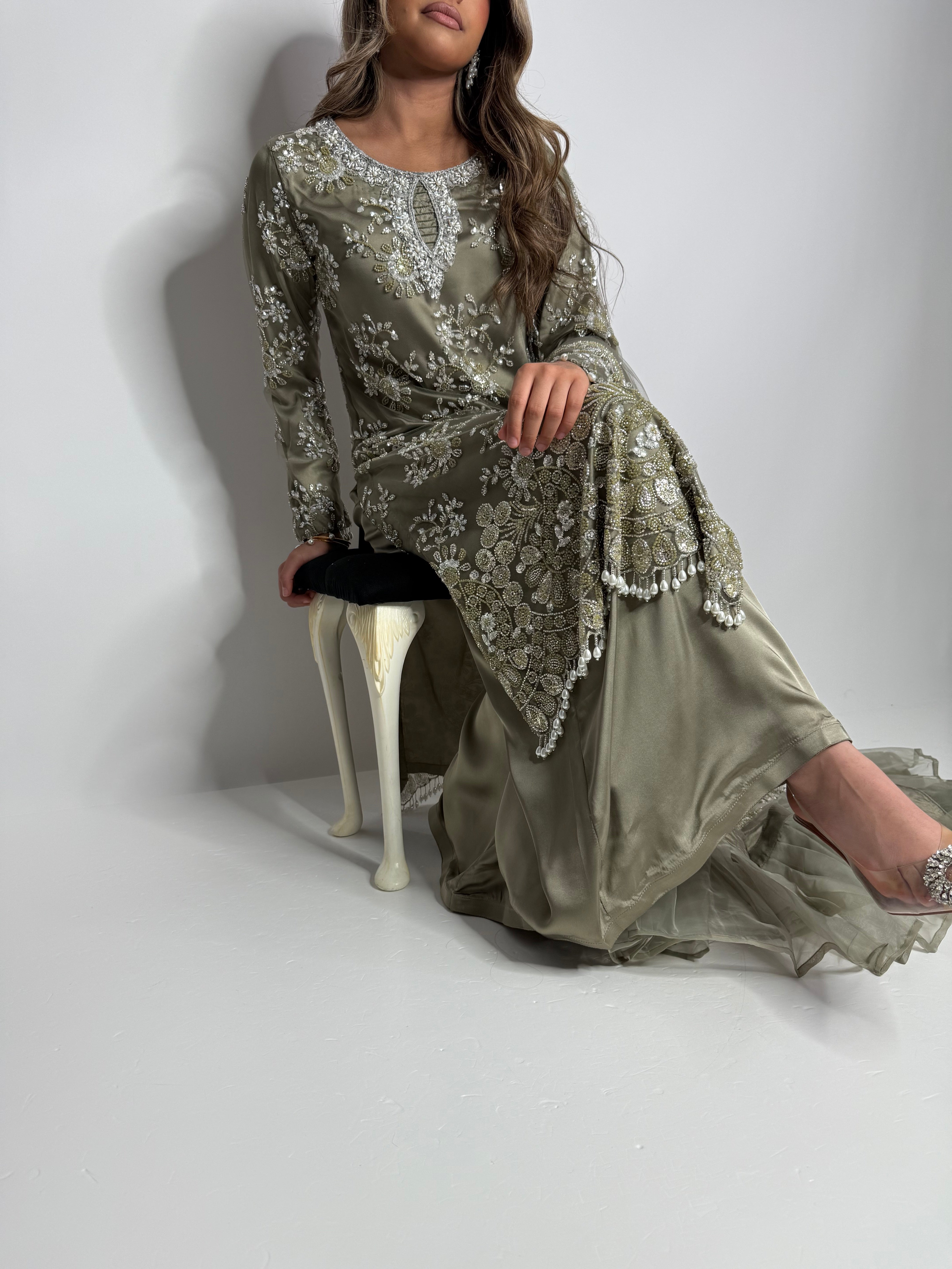 Zeraphina Olive Cutdana Embroidered Pakistani Suit