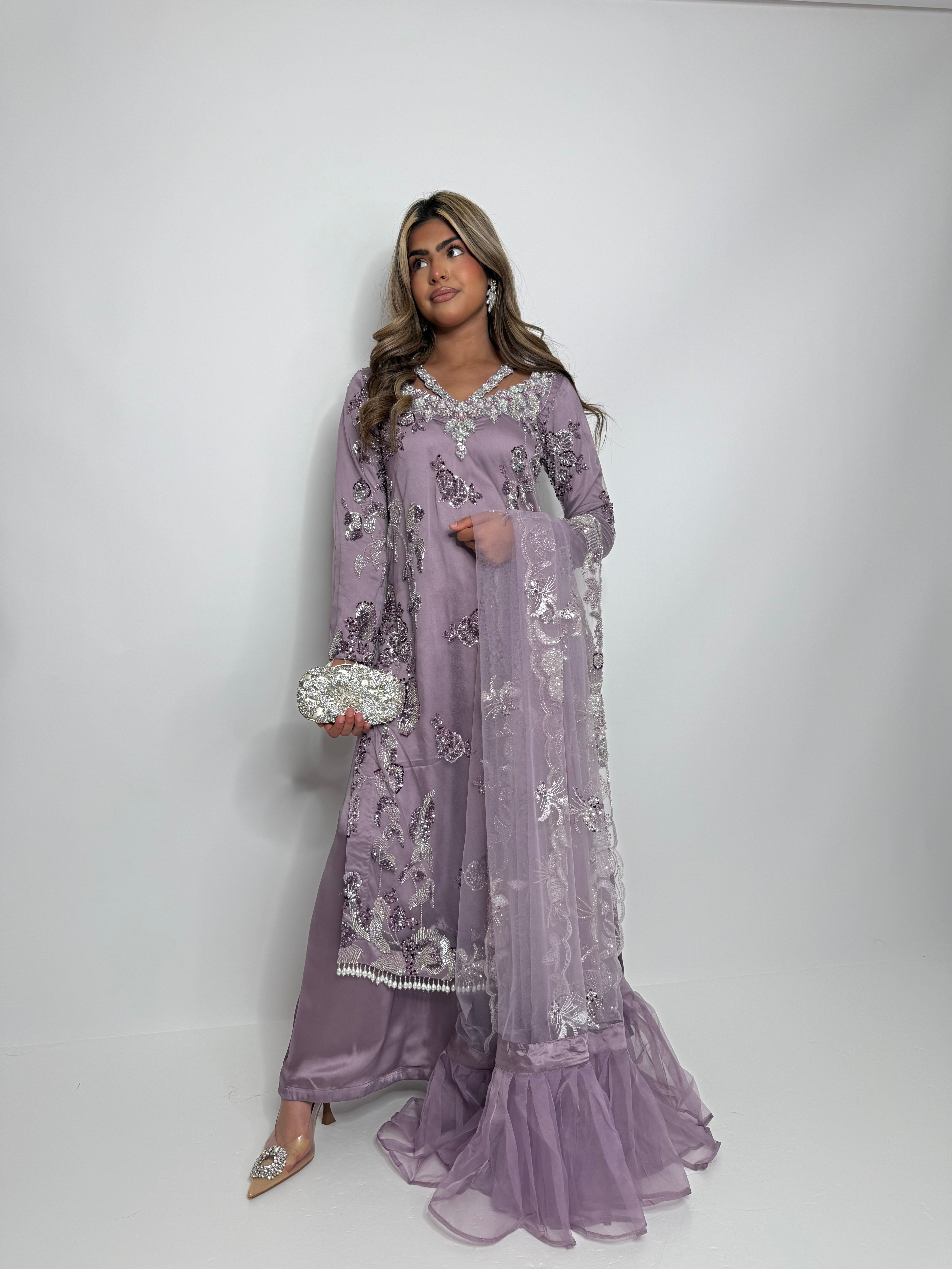 Luxury cutdana embellished mauve outfit for weddings and Eid