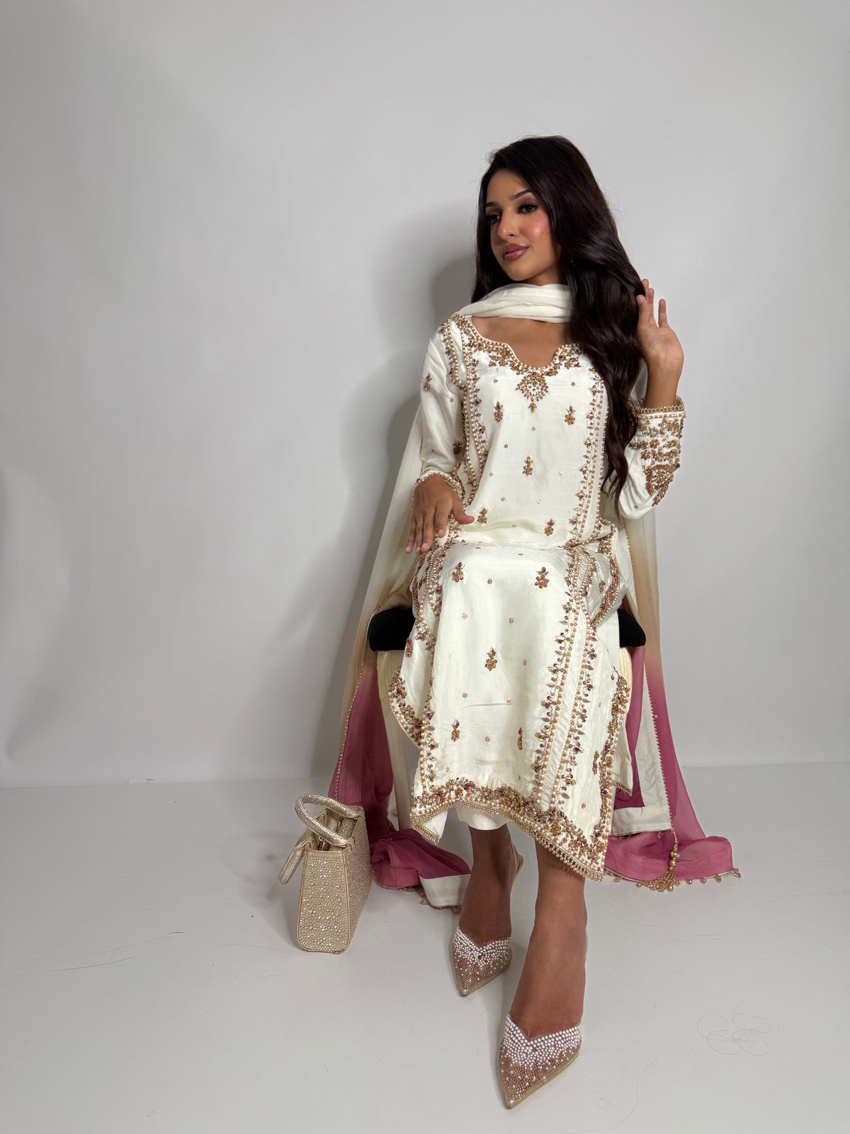 Valentina Ivory | Luxury Pakistani Hand Embroidered Silk 3 Piece Suit