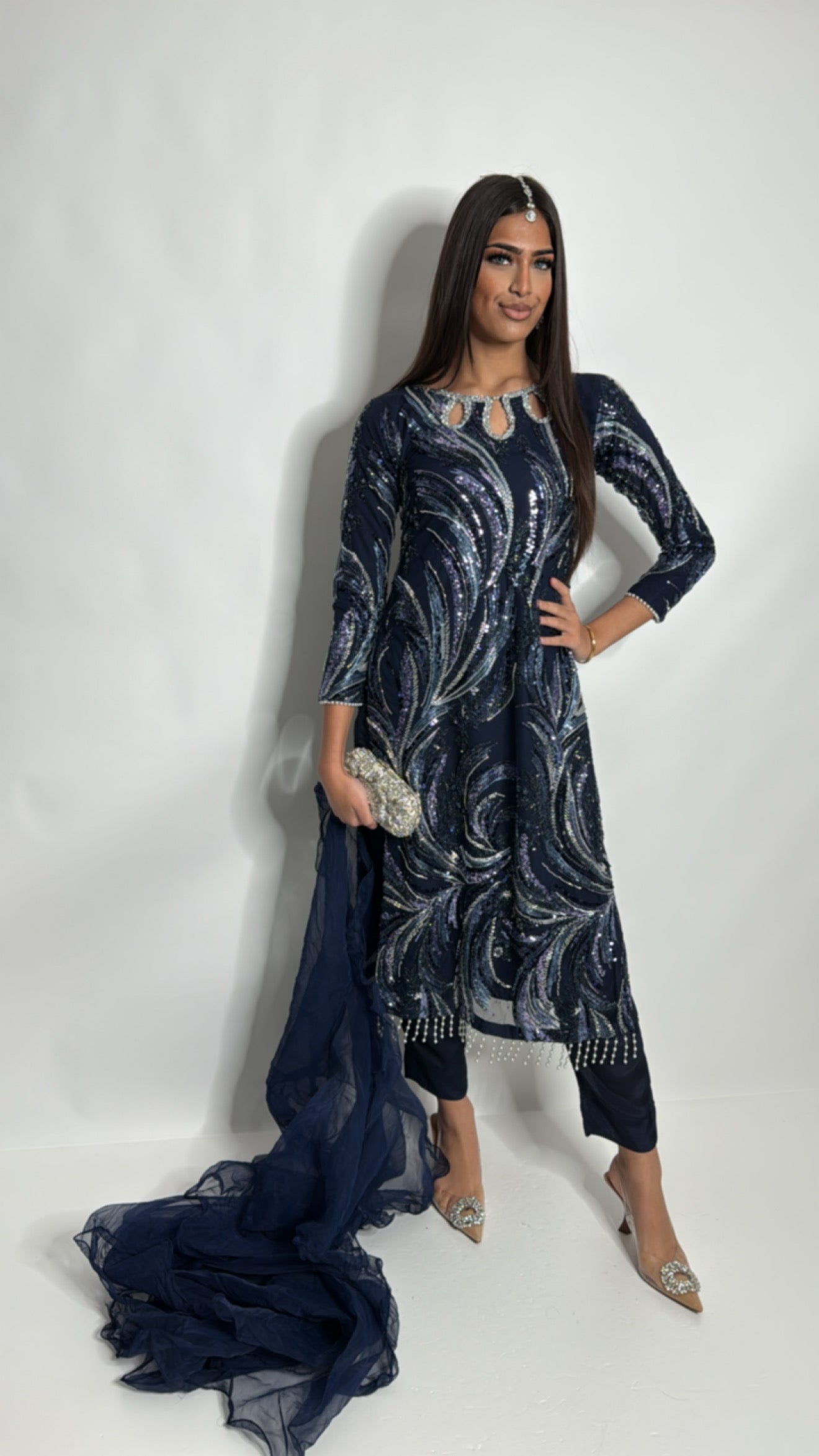 Midnight navy embellished Pakistani outfit with trousers – Partywear UK