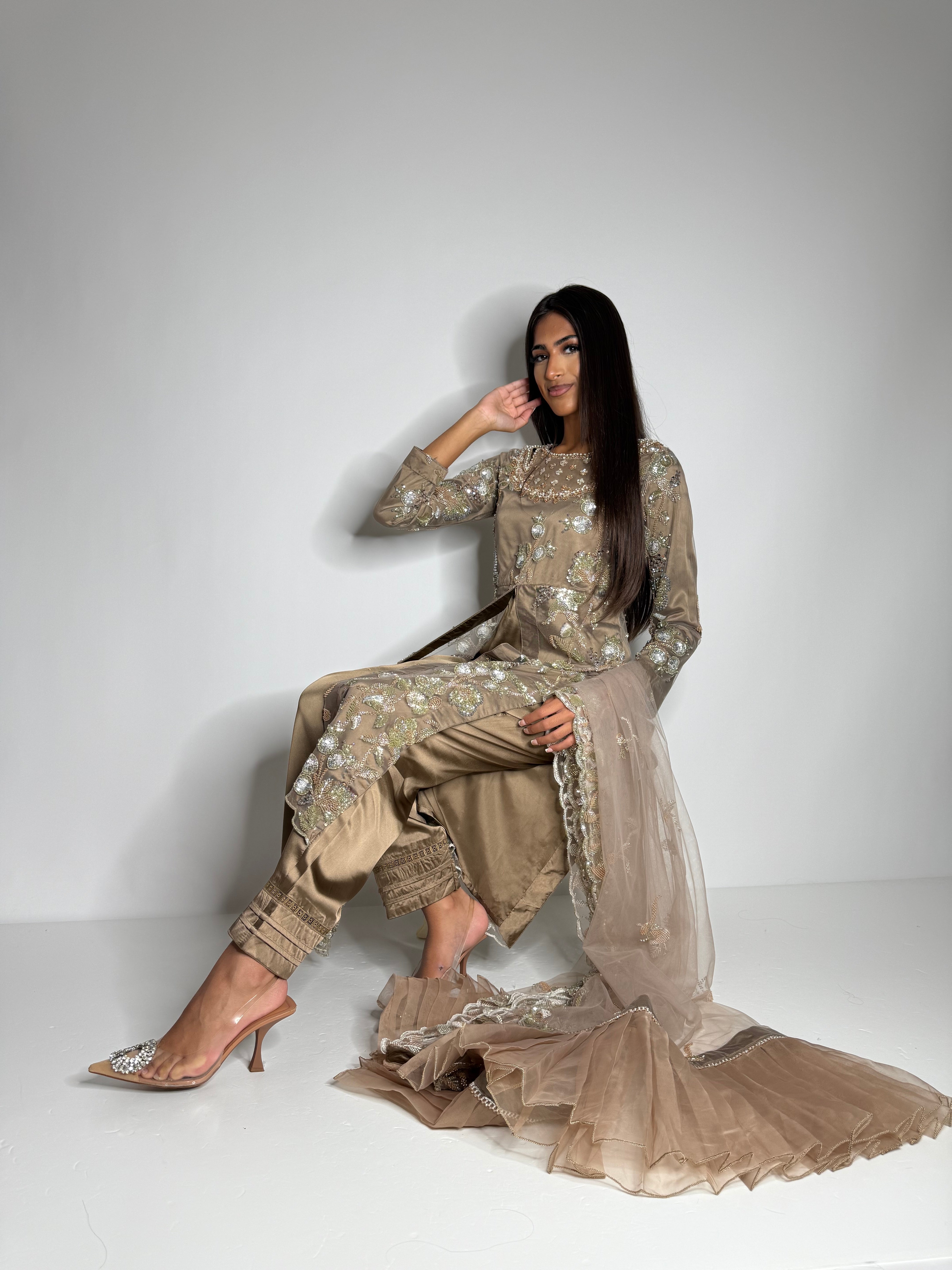cutdana hand-embellished detailing on taupe kameez