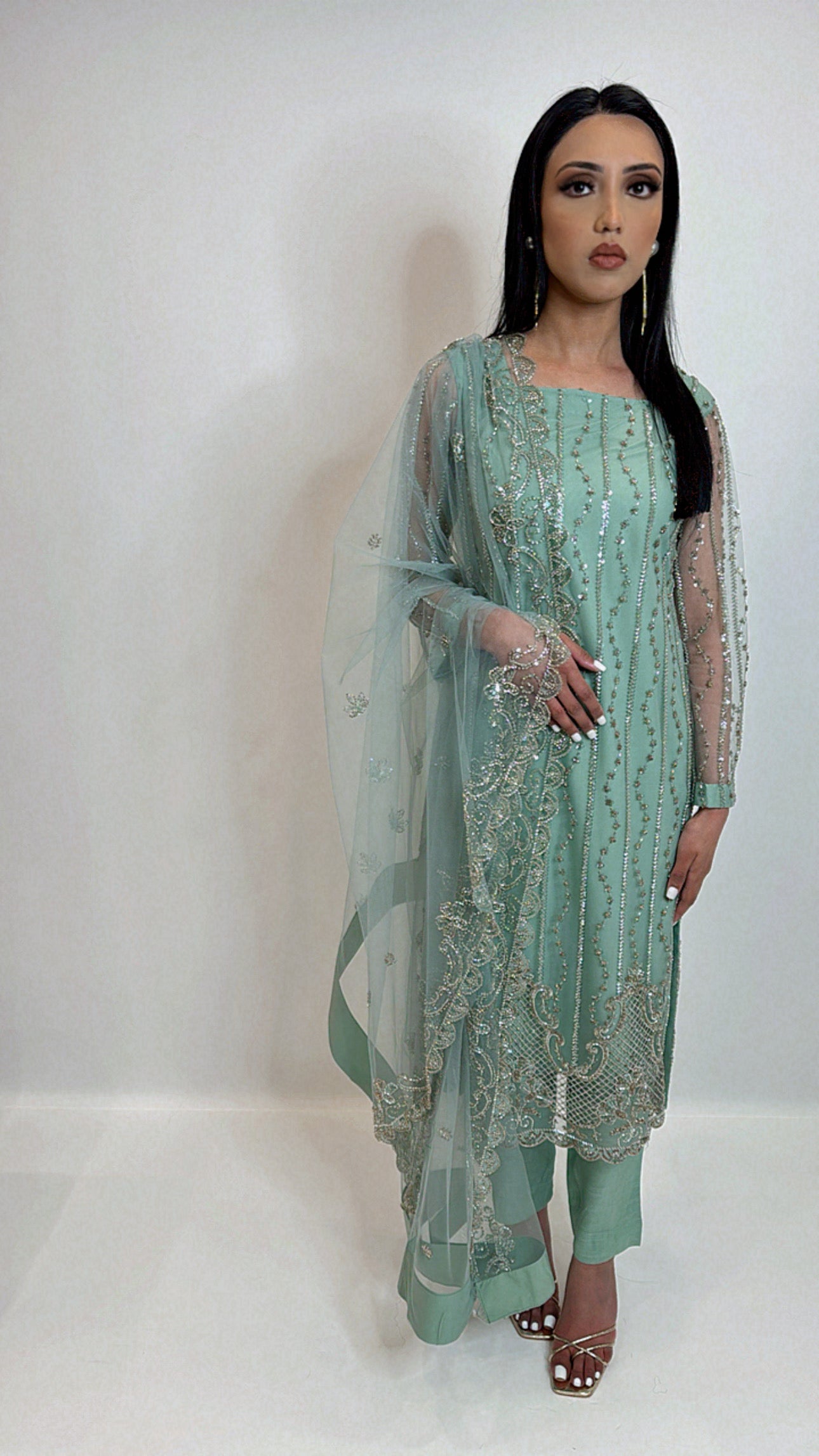 Layla – Sea Green Embroidered Net Three Piece Suit
