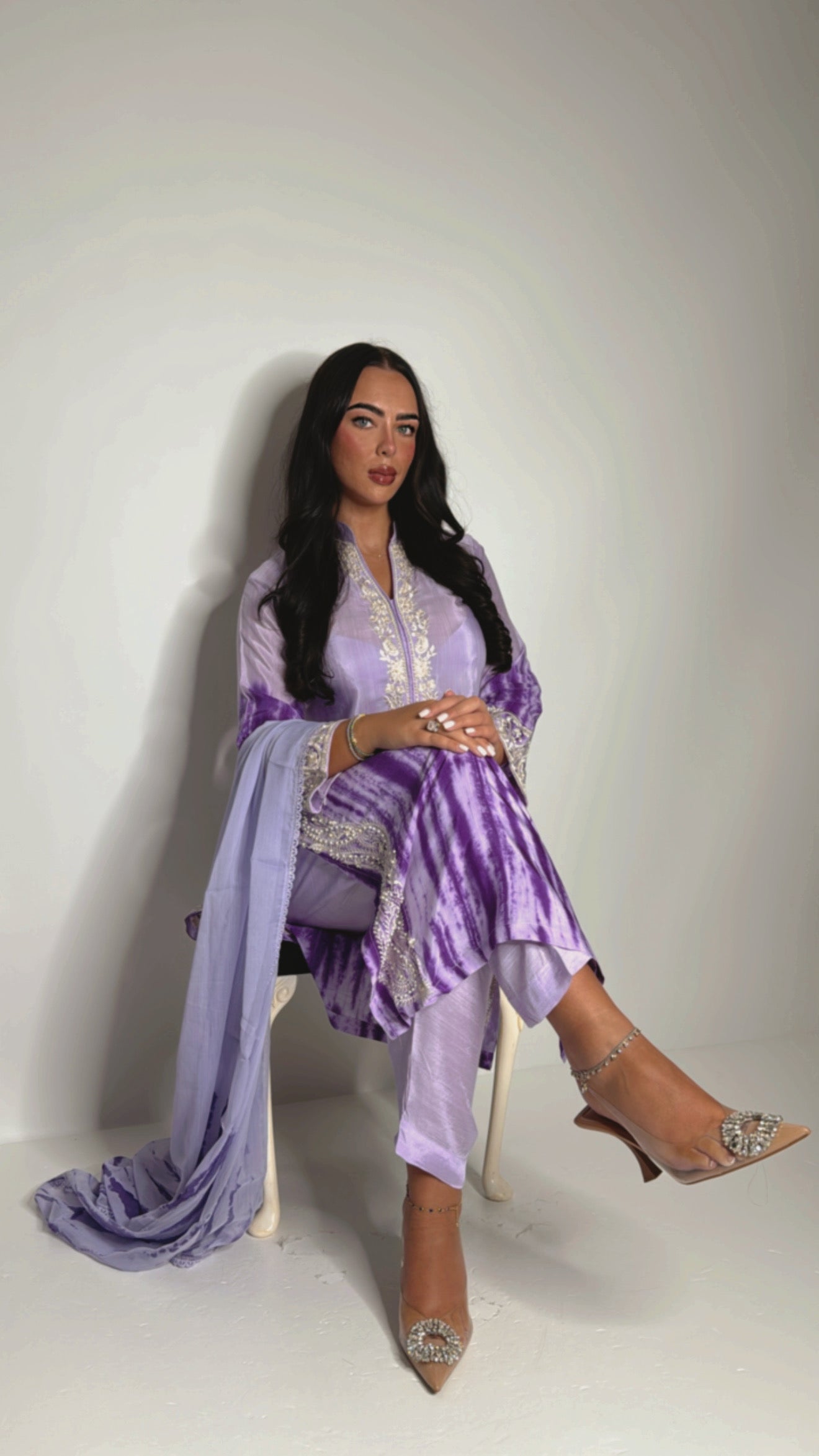 Pakistani wedding guest outfit in lilac tie-dye silk with embroidery