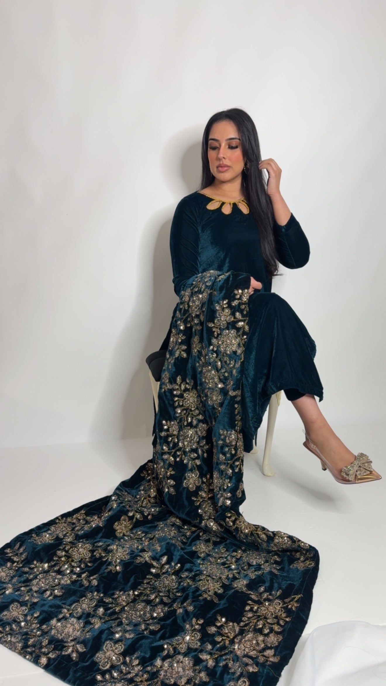 Velvet Sparkle – Teal & Gold Three Piece Pakistani Suit