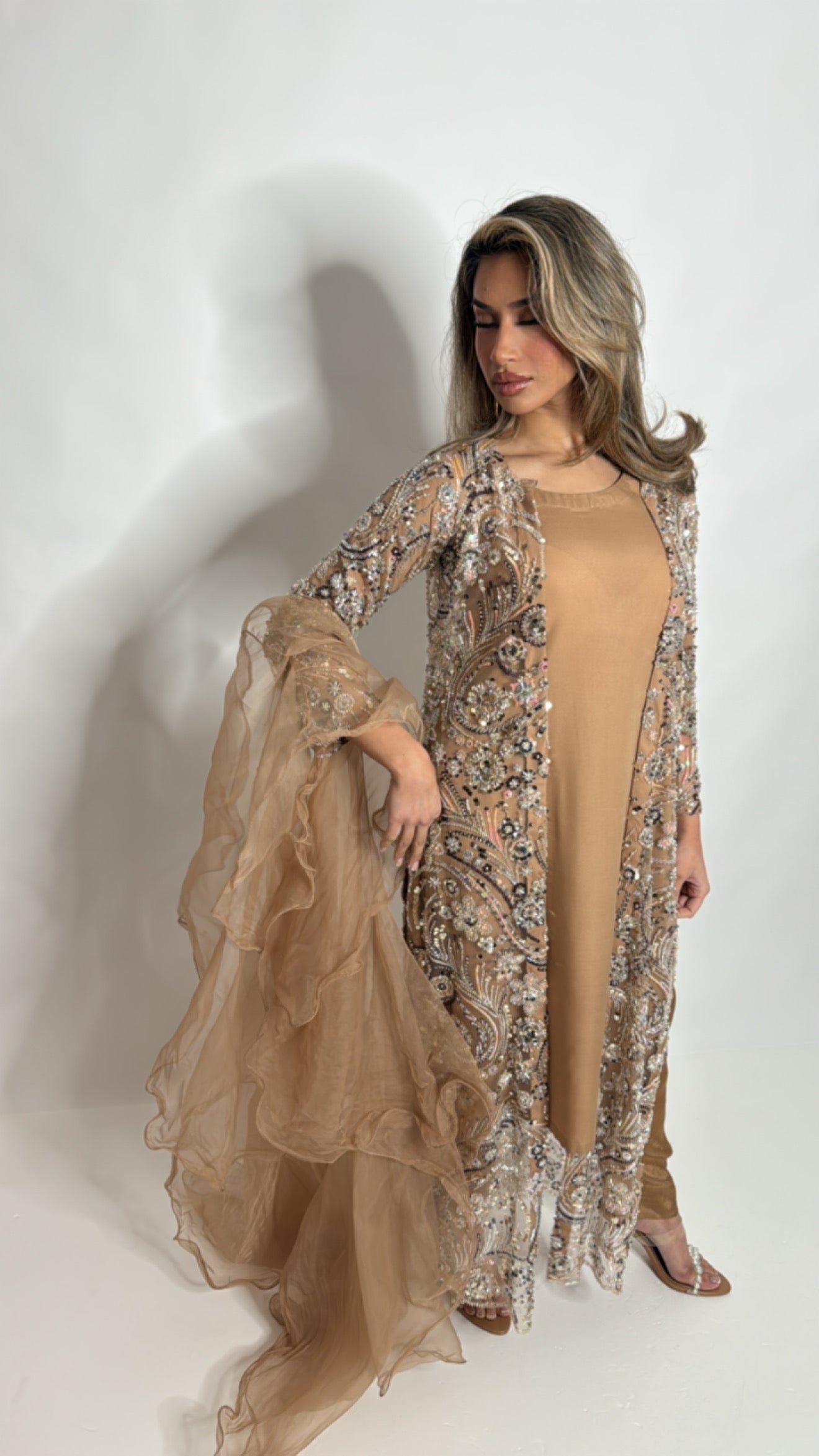 Leocina Mocha Cutdana Embroidered Pakistani Suit
