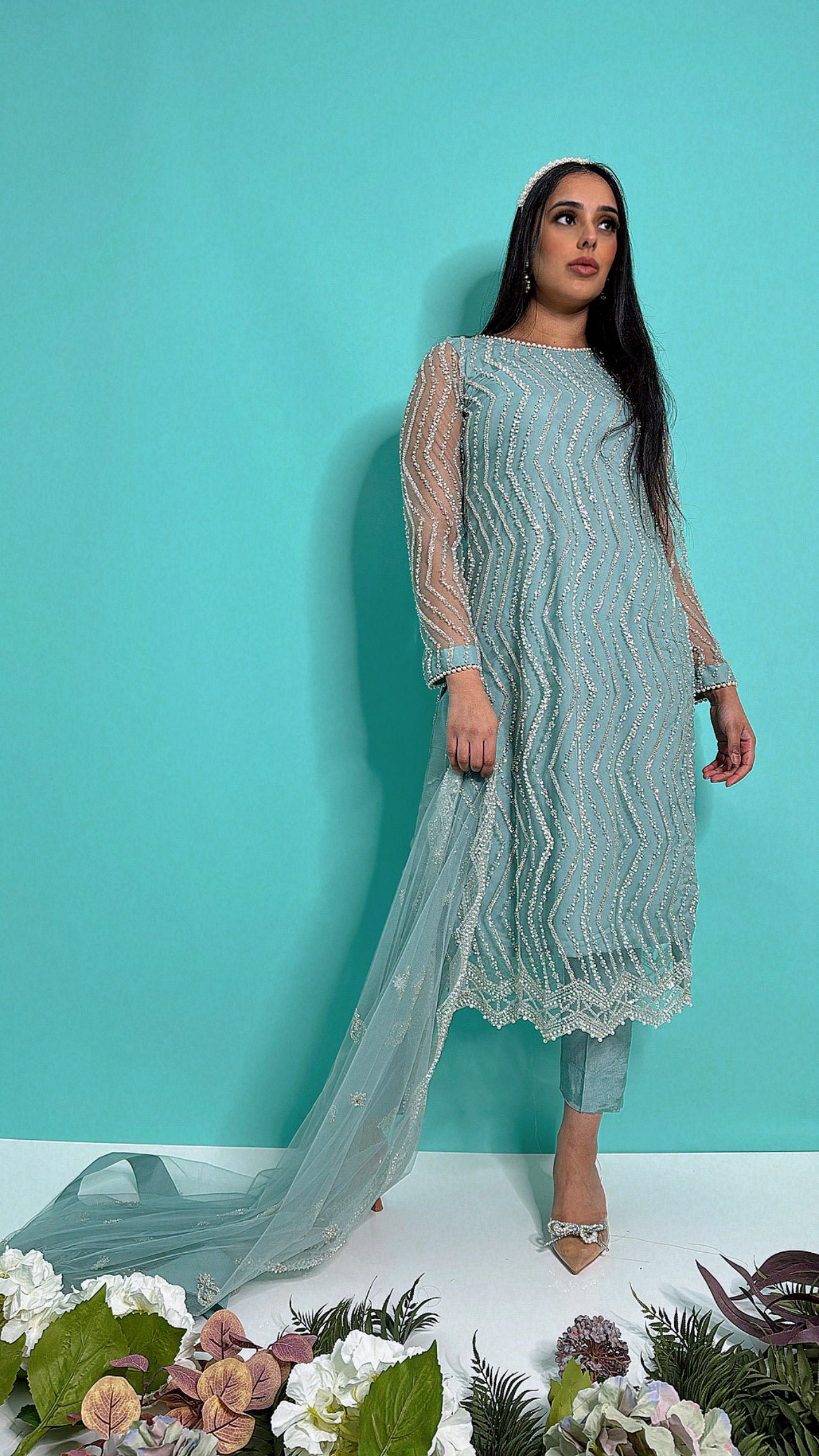 Zerina – Seafoam Pearl-Cutdana Three Piece Set