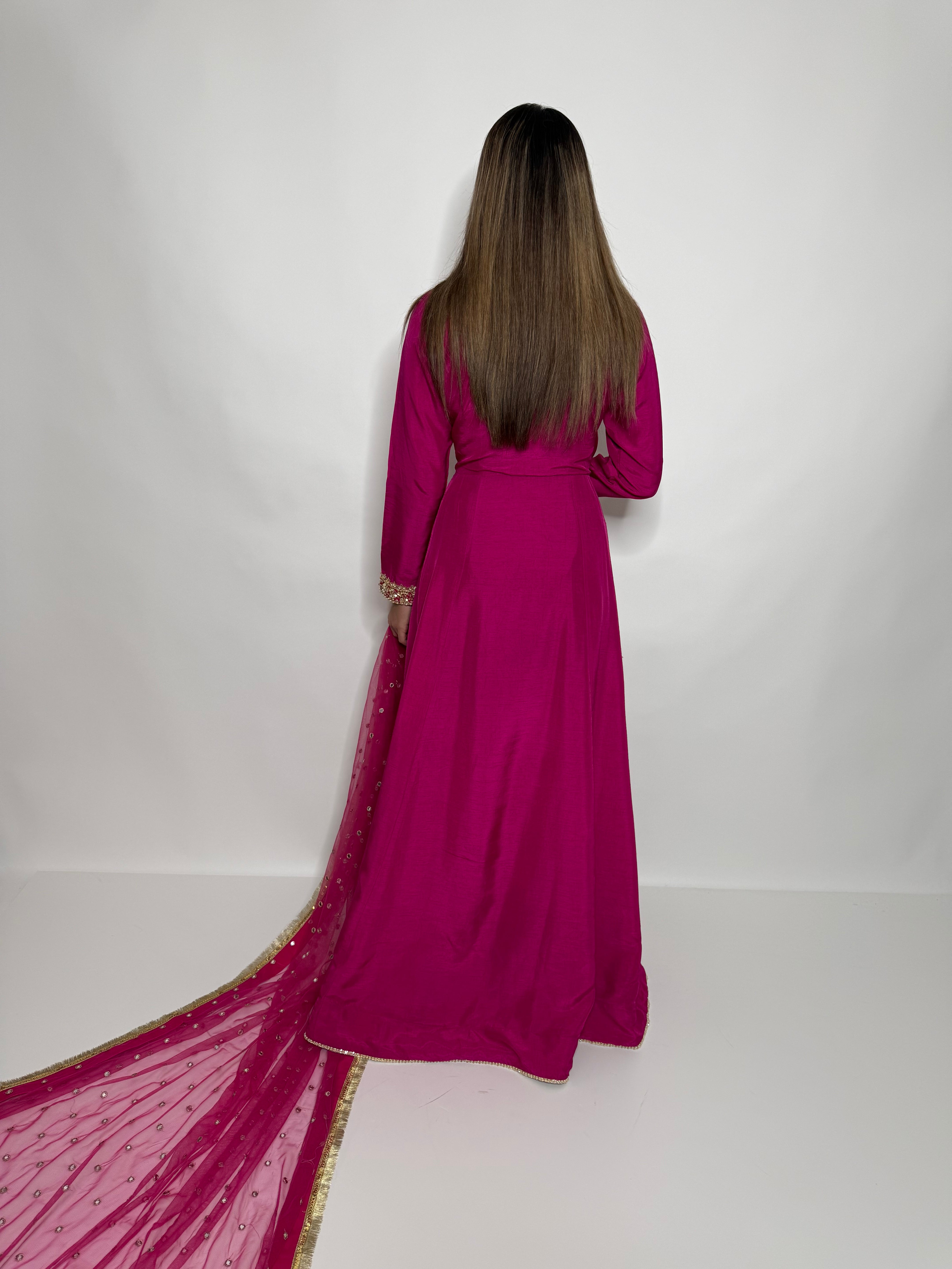 ZOHRA FUCHSIA RAW SILK GOLD EMBROIDERED PAKISTANI EID & MEHNDI DRESS