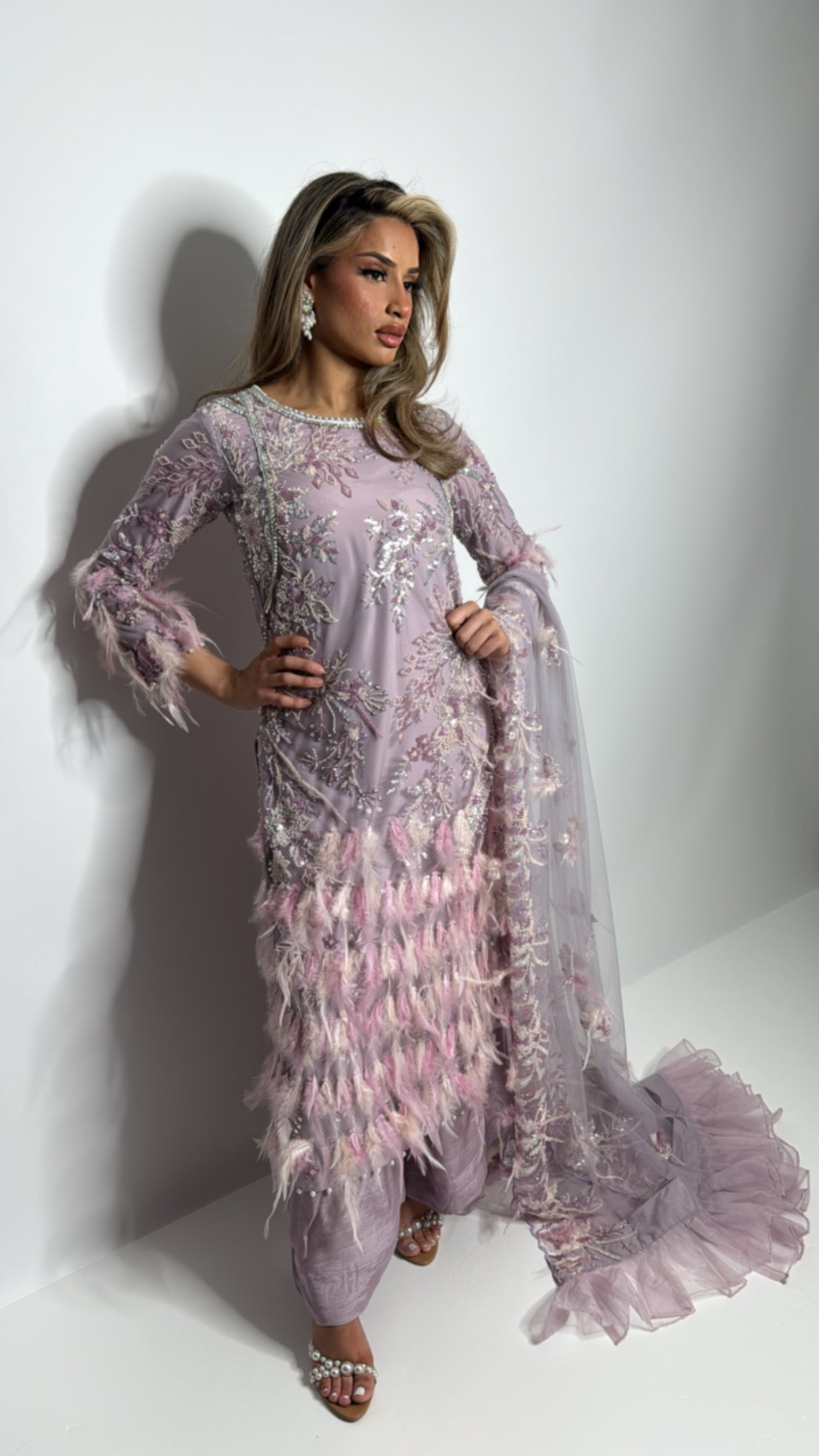 Couture-inspired Pakistani outfit with frill dupatta