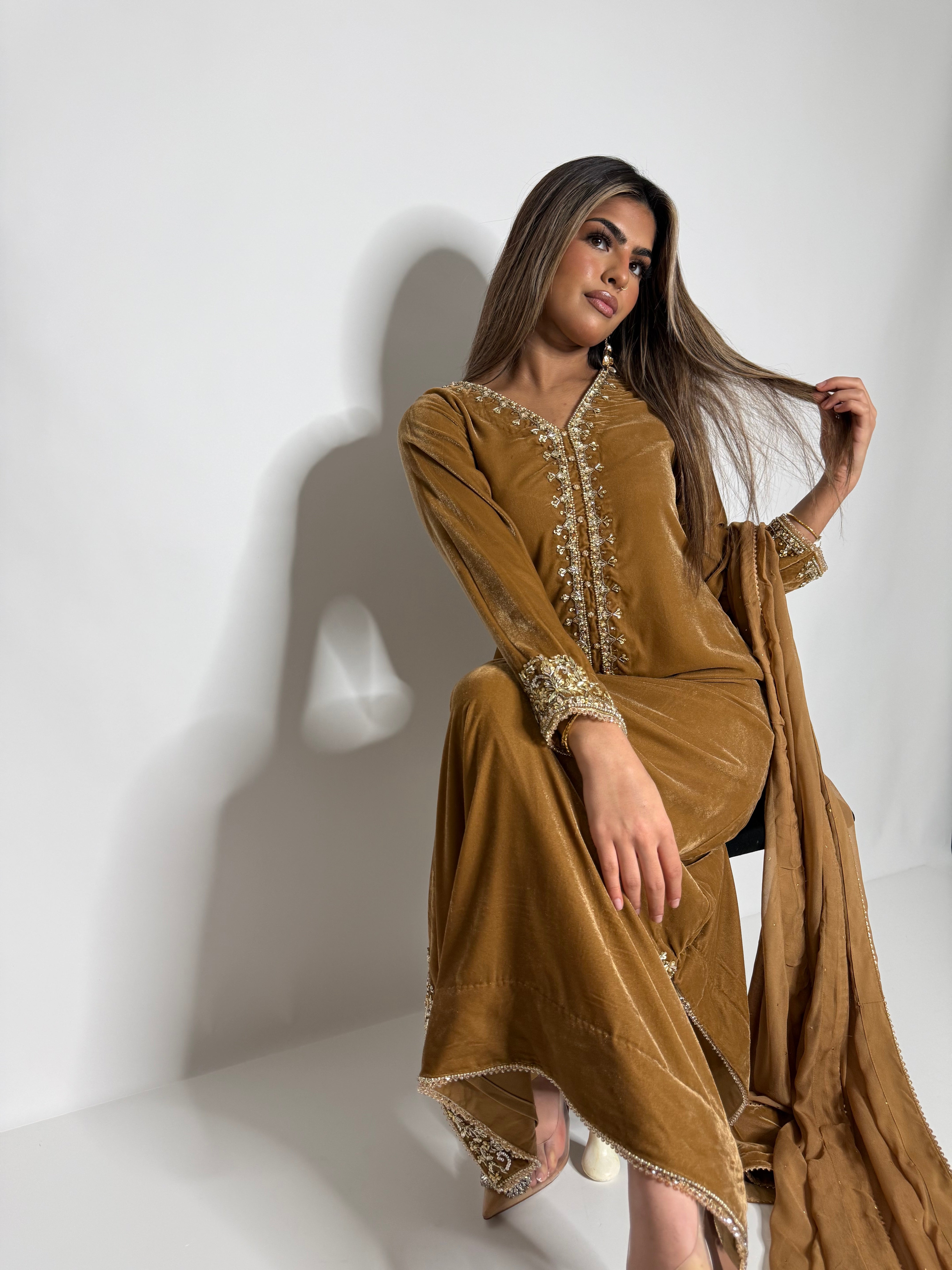 Mustard velvet Pakistani dress UK wedding guest outfit
