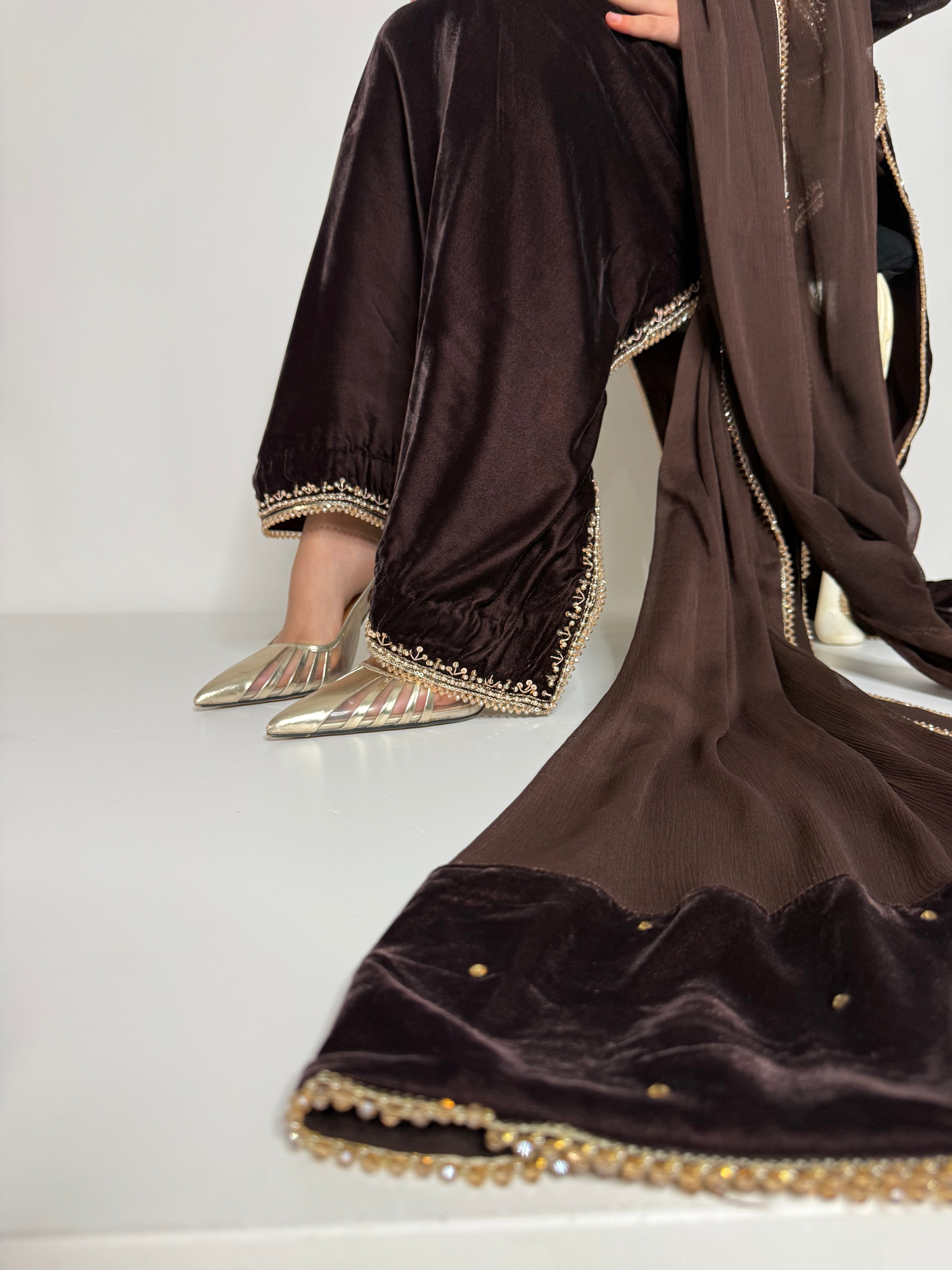 Espresso Royale – Luxury Micro Velvet Pakistani 3 Piece Suit with Golden Handwork