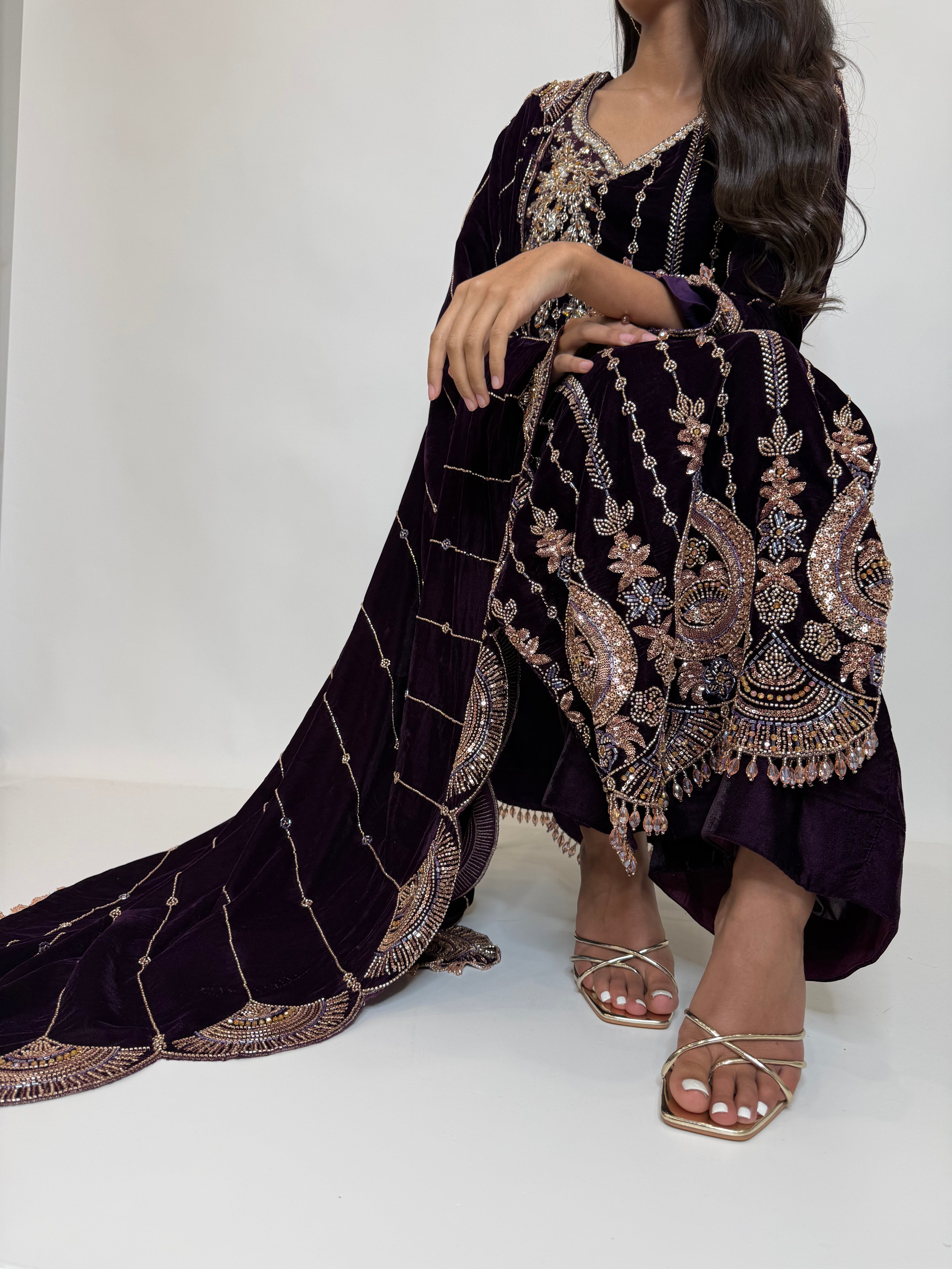 Zarielle Royale | Luxury Deep Violet Velvet Cutdana Embroidered Pakistani Suit (3 Piece)