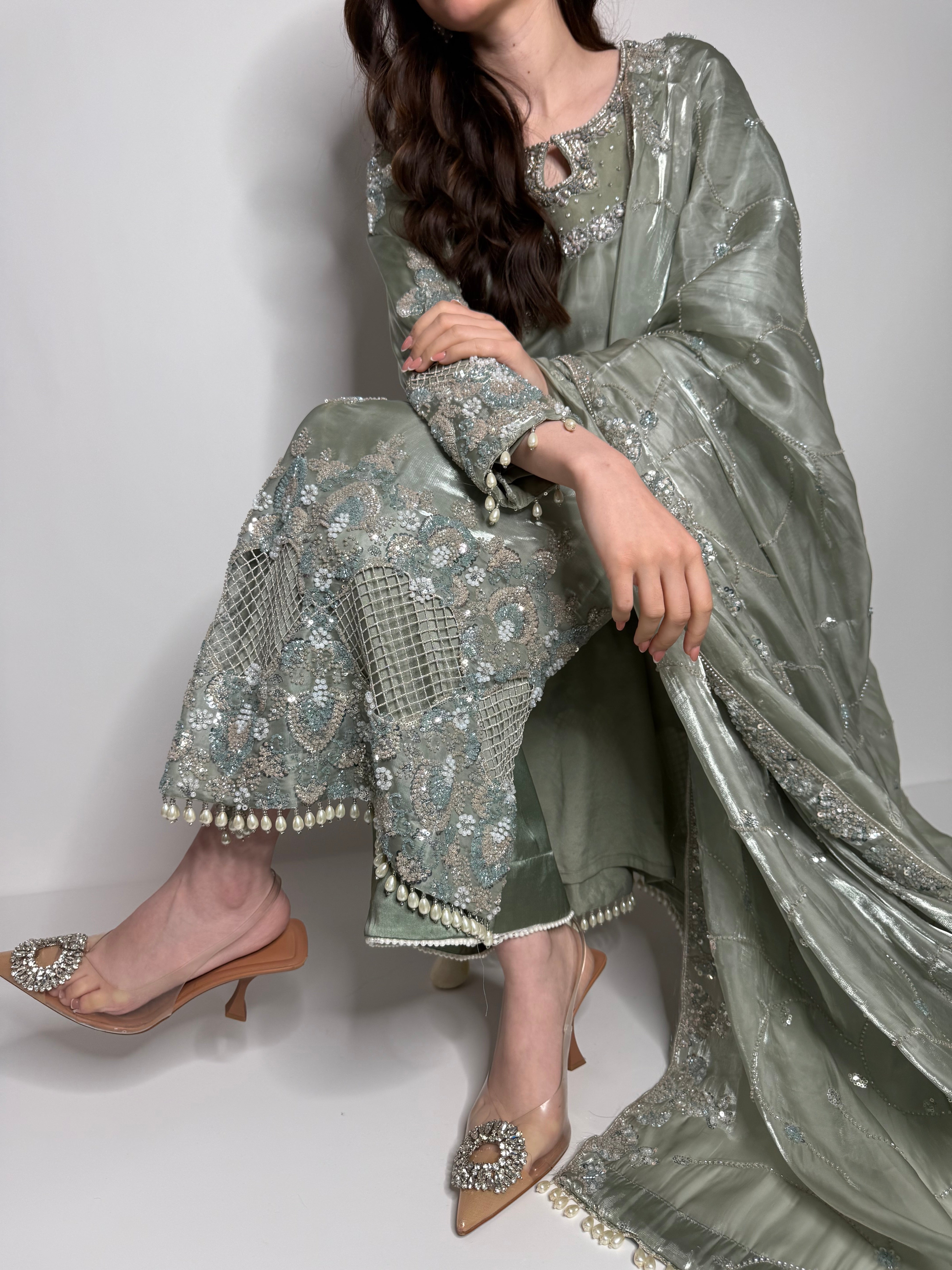 Elowen Sage Cutdana-Embroidered Three-Piece Eid formal wear