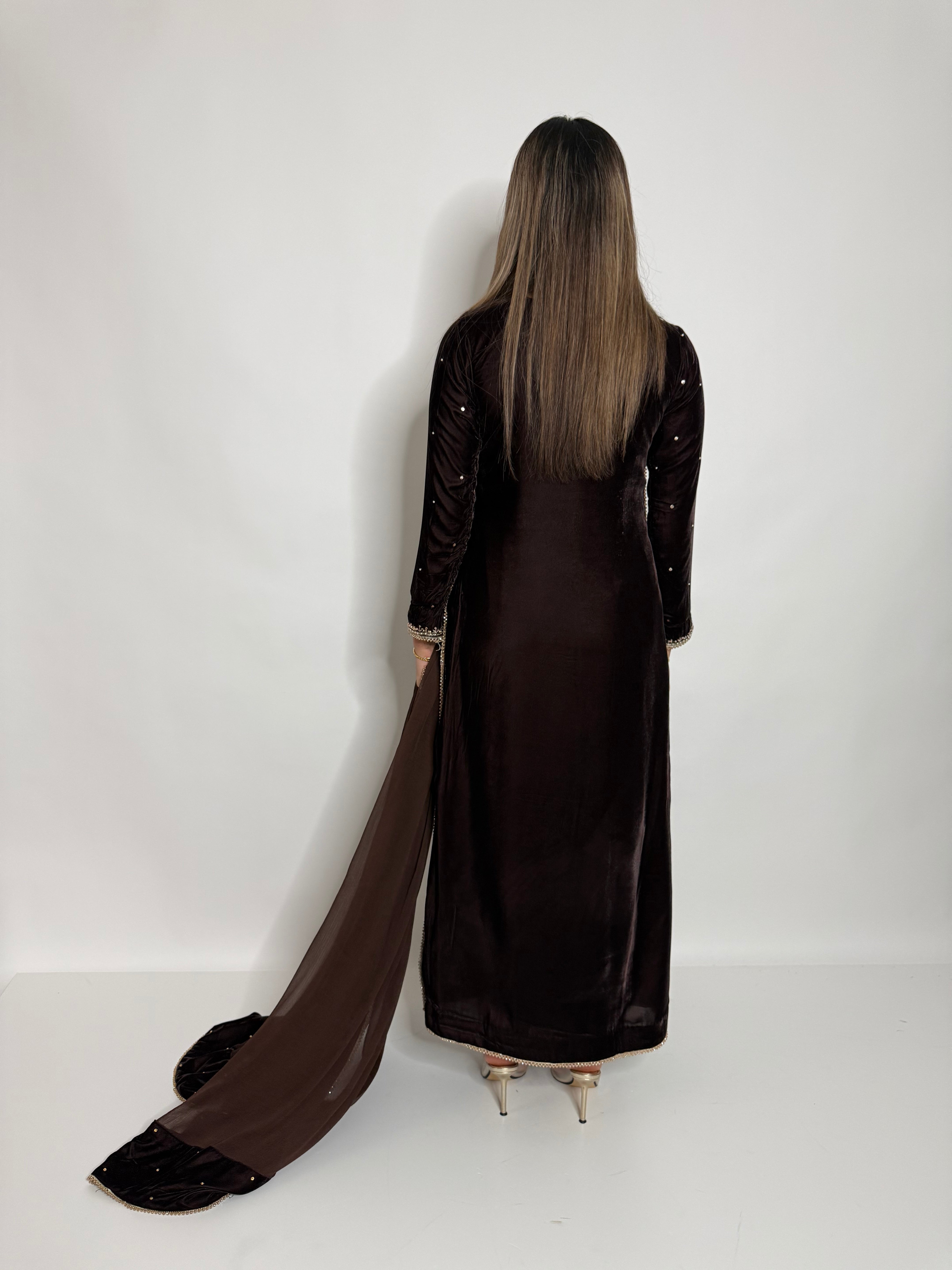 Espresso Royale – Luxury Micro Velvet Pakistani 3 Piece Suit with Golden Handwork