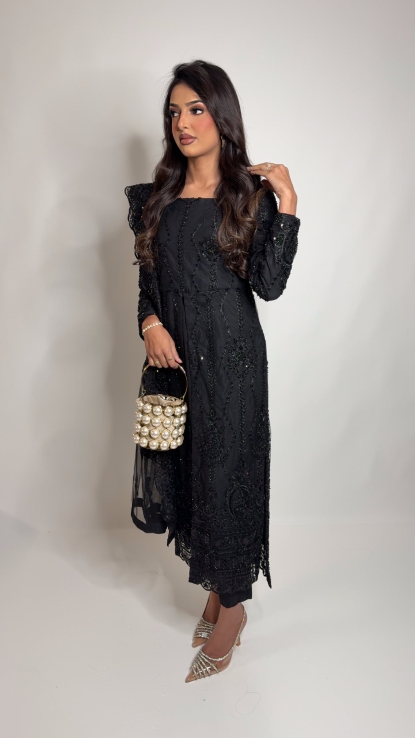 Noir Embellished Black Three-Piece Pakistani Formal Set – Luxury Net & Pearl Detail