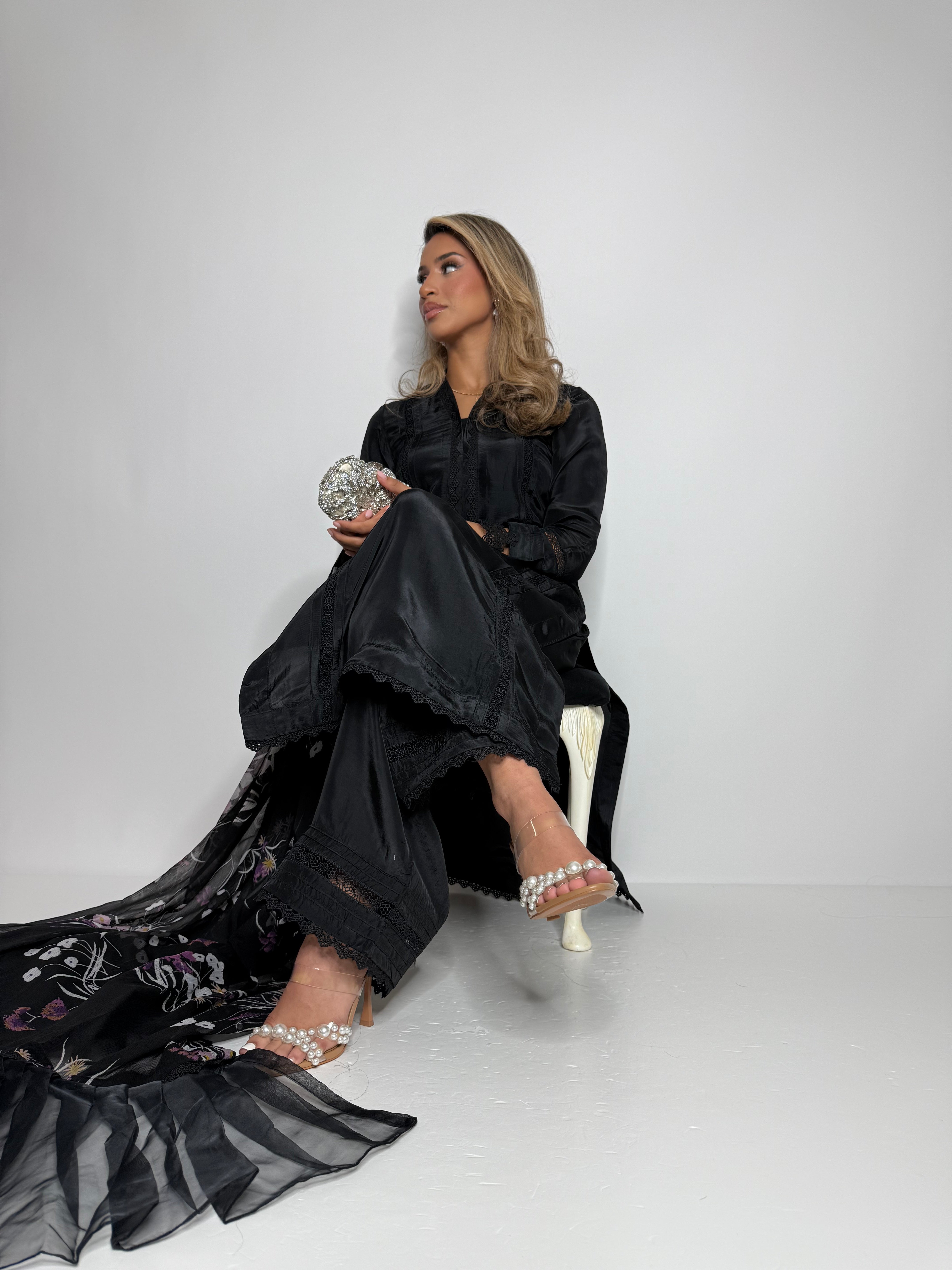 Maelis Noir Silk Three-Piece with Printed Dupatta