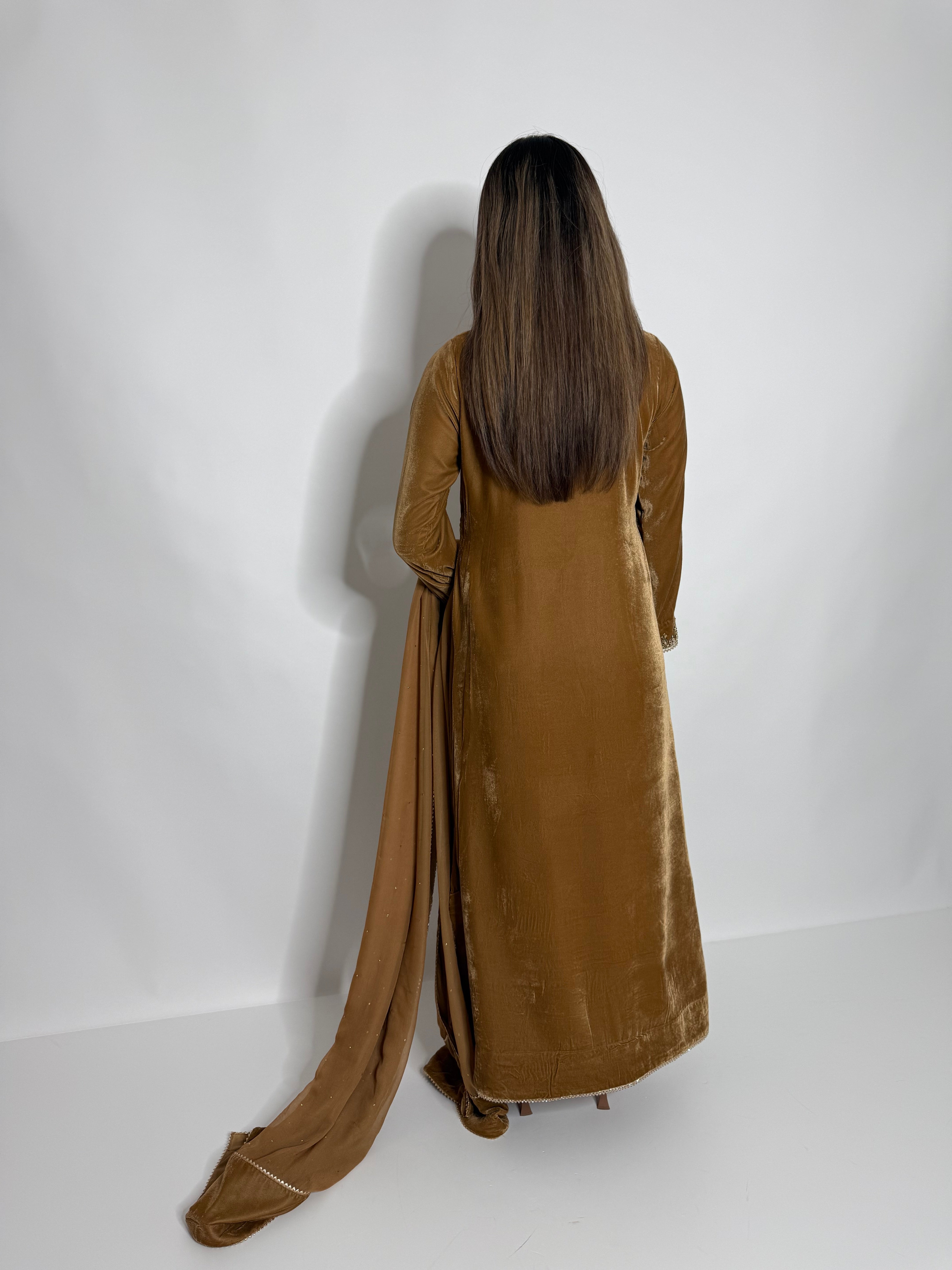 ZARQA MUSTARD VELVET KAFTAN THREE-PIECE – PAKISTANI EID & WEDDING FORMAL UK