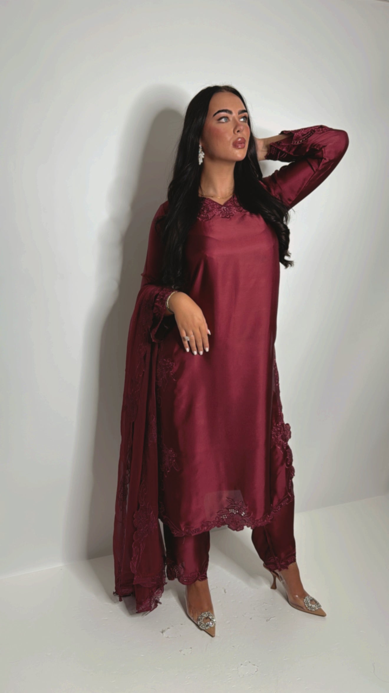 Mirelle Wine Satin Embroidered Pakistani Suit