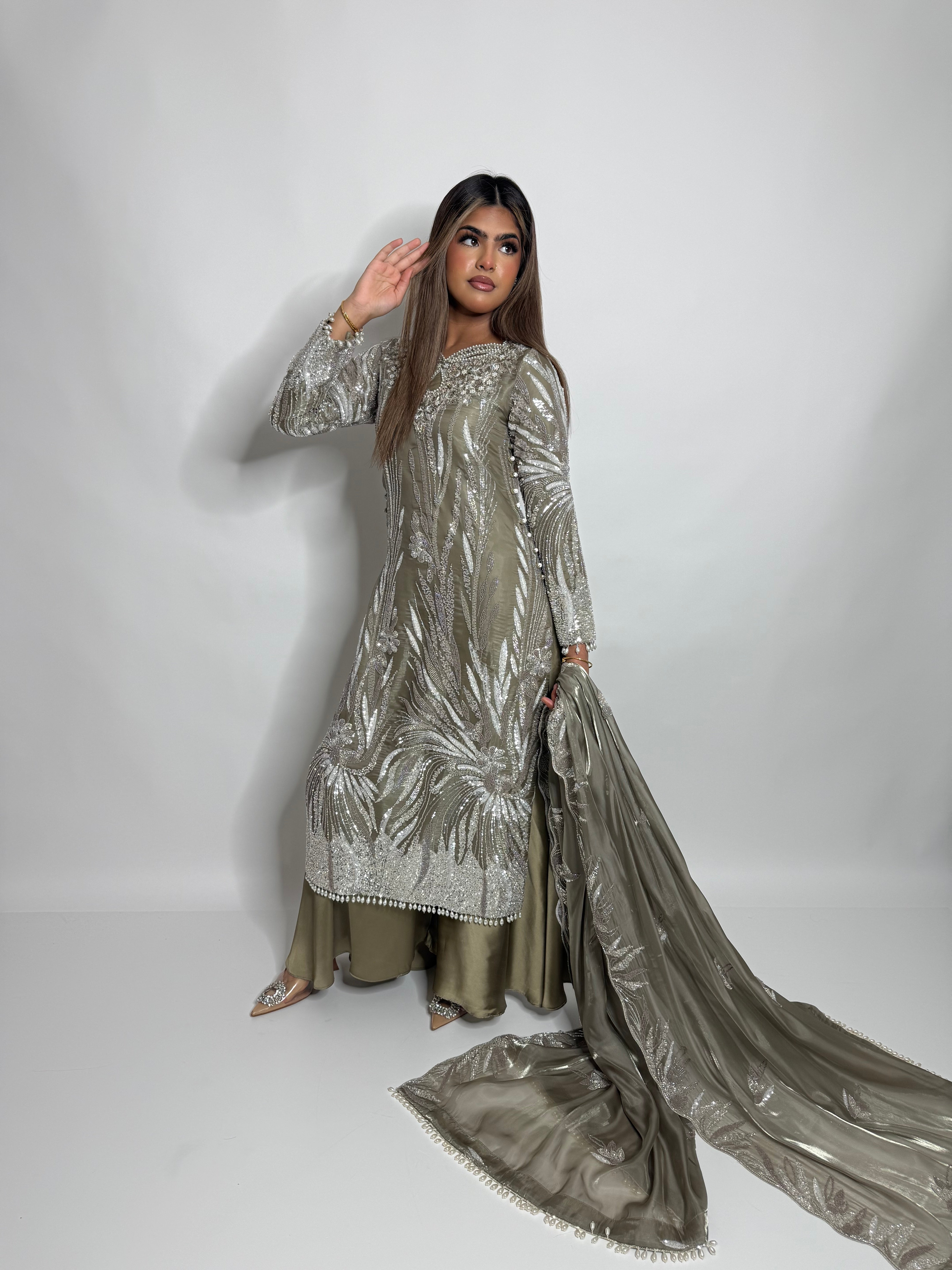 SAHARA OLIVE SAGE CUTDANA HAND EMBROIDERED SILK SHARARA THREE-PIECE EID FORMAL