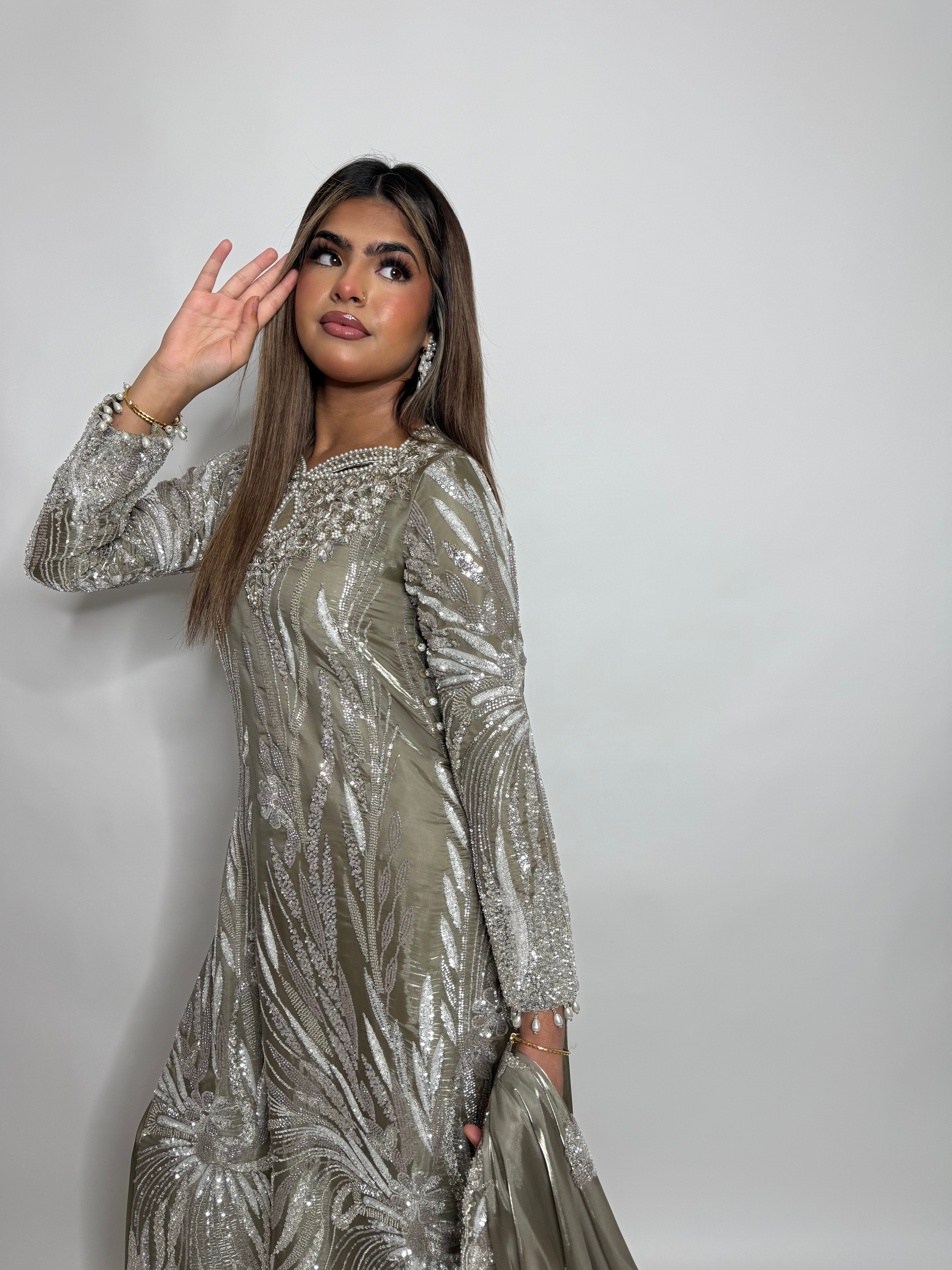 SAHARA OLIVE SAGE CUTDANA HAND EMBROIDERED SILK SHARARA THREE-PIECE EID FORMAL