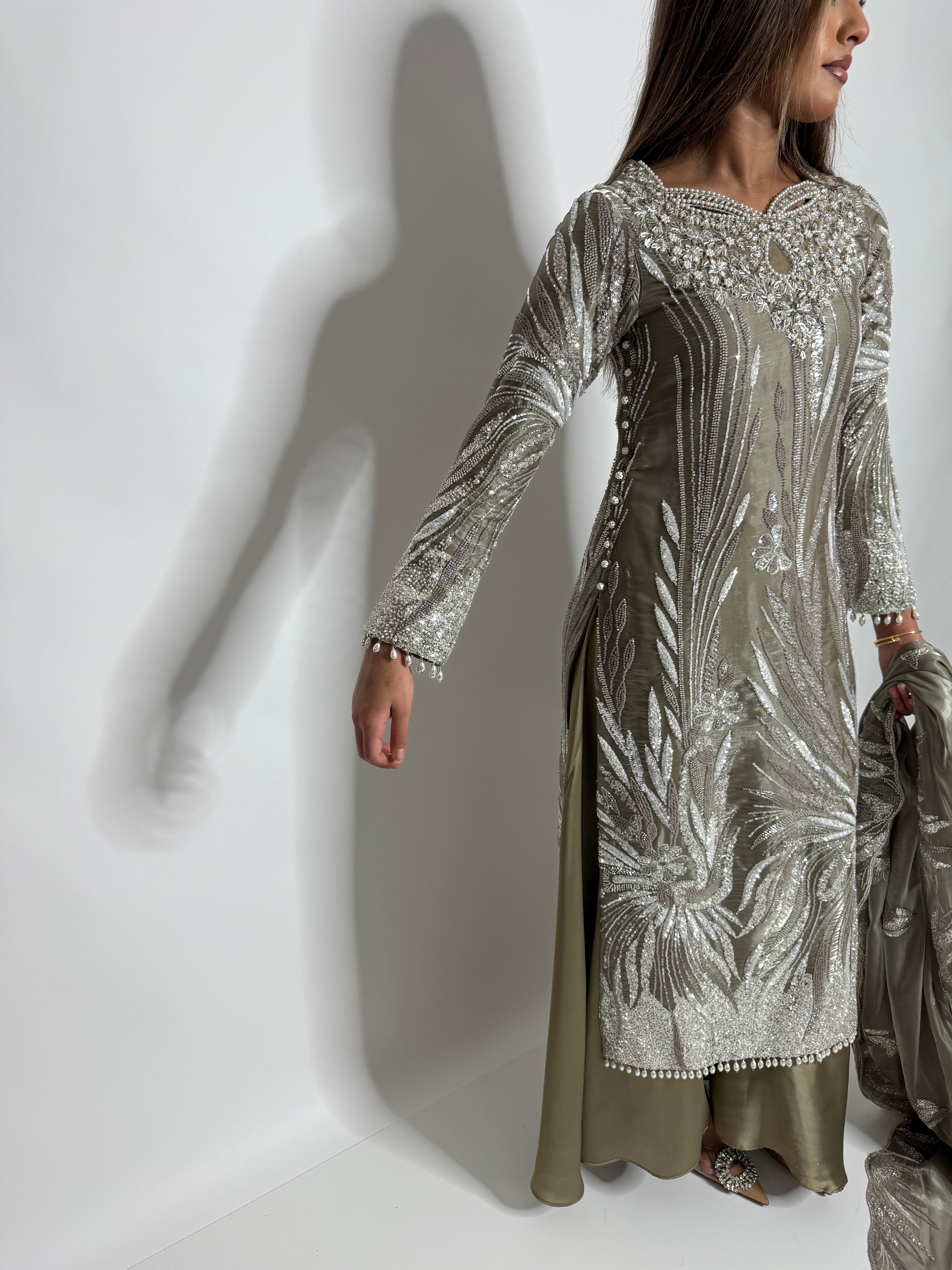 SAHARA OLIVE SAGE CUTDANA HAND EMBROIDERED SILK SHARARA THREE-PIECE EID FORMAL