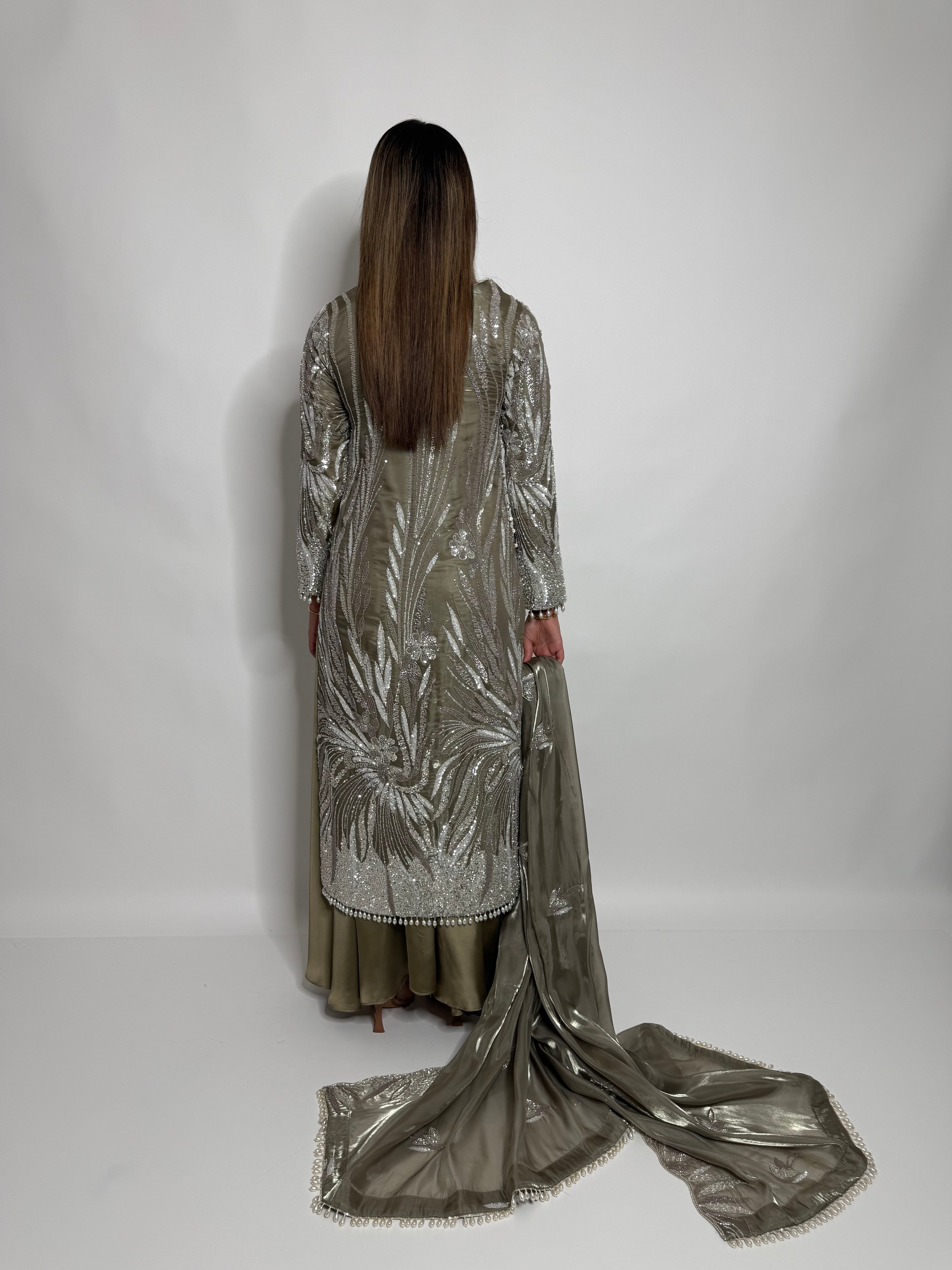 SAHARA OLIVE SAGE CUTDANA HAND EMBROIDERED SILK SHARARA THREE-PIECE EID FORMAL