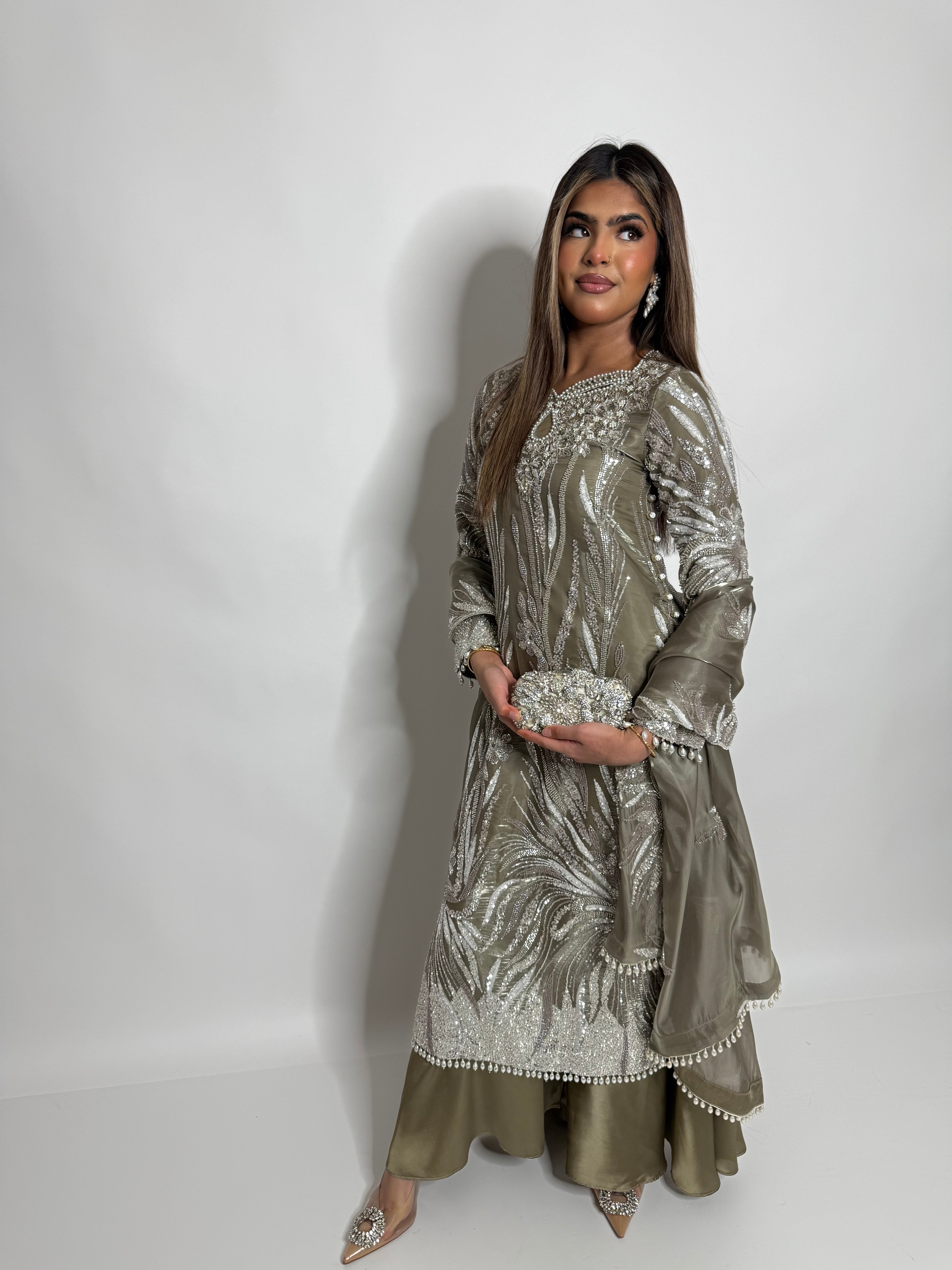 SAHARA OLIVE SAGE CUTDANA HAND EMBROIDERED SILK SHARARA THREE-PIECE EID FORMAL