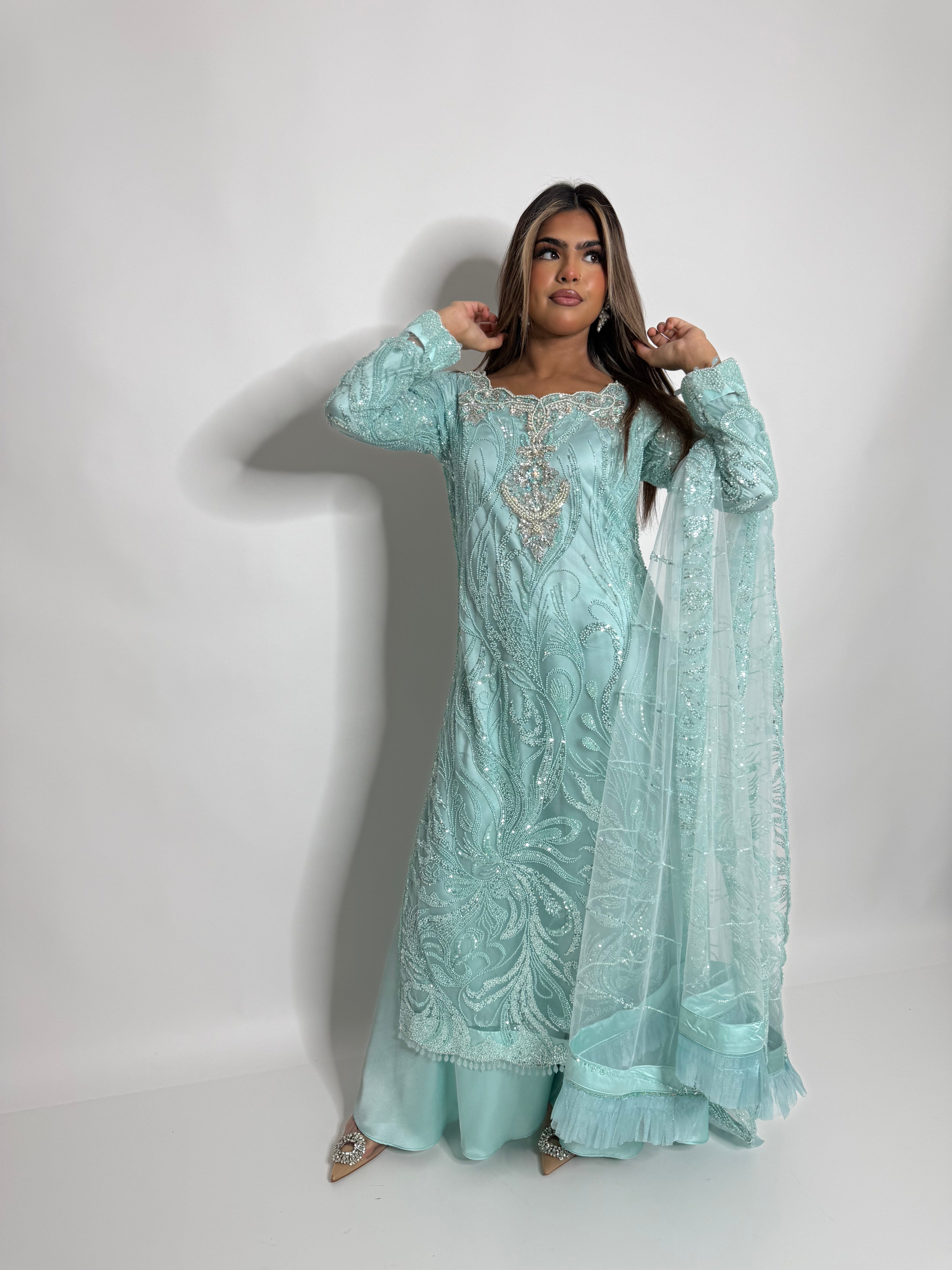 ZARIA MINT CUTDANA HAND EMBROIDERED SILK SHARARA THREE-PIECE EID FORMAL