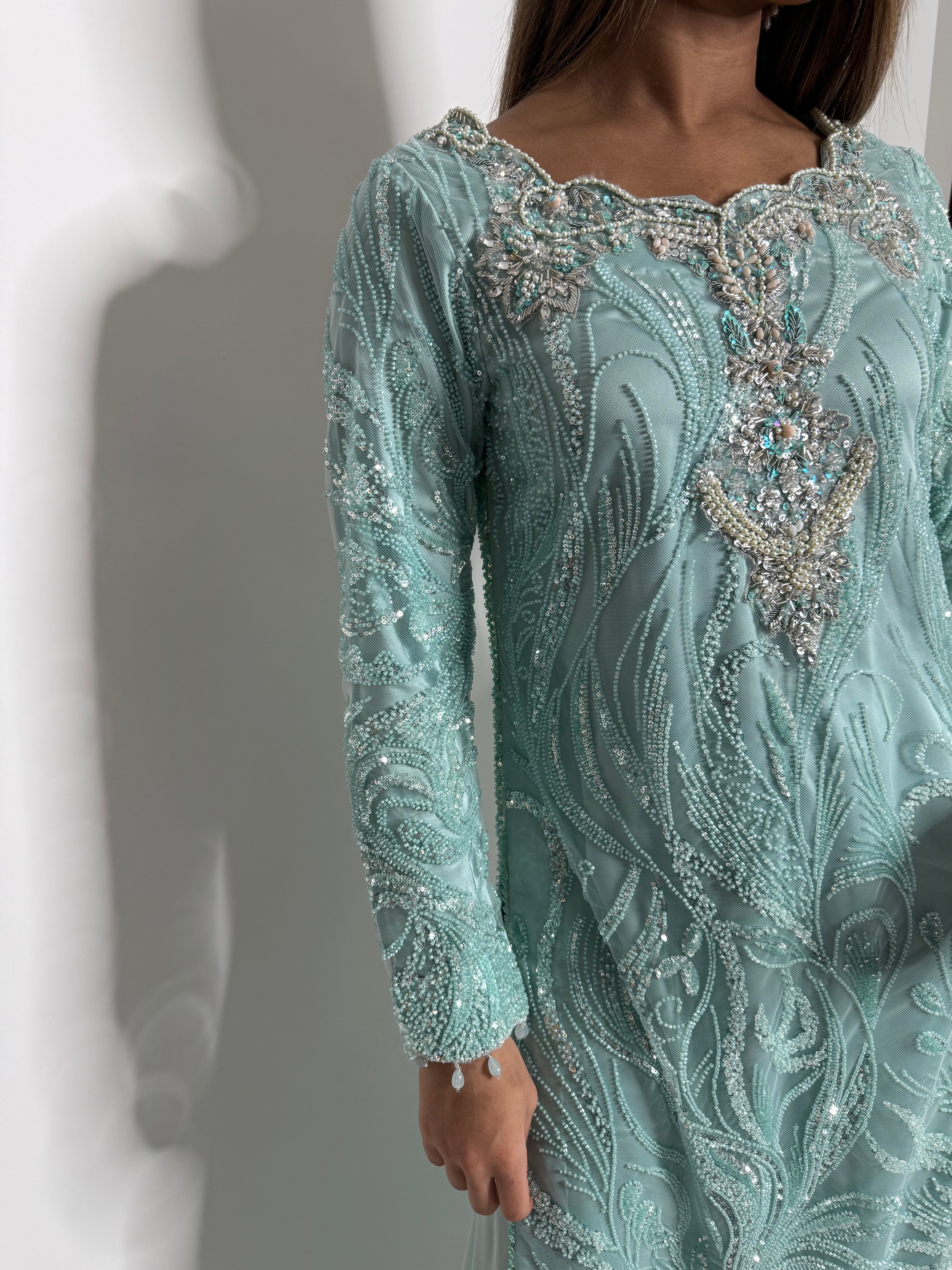 ZARIA MINT CUTDANA HAND EMBROIDERED SILK SHARARA THREE-PIECE EID FORMAL