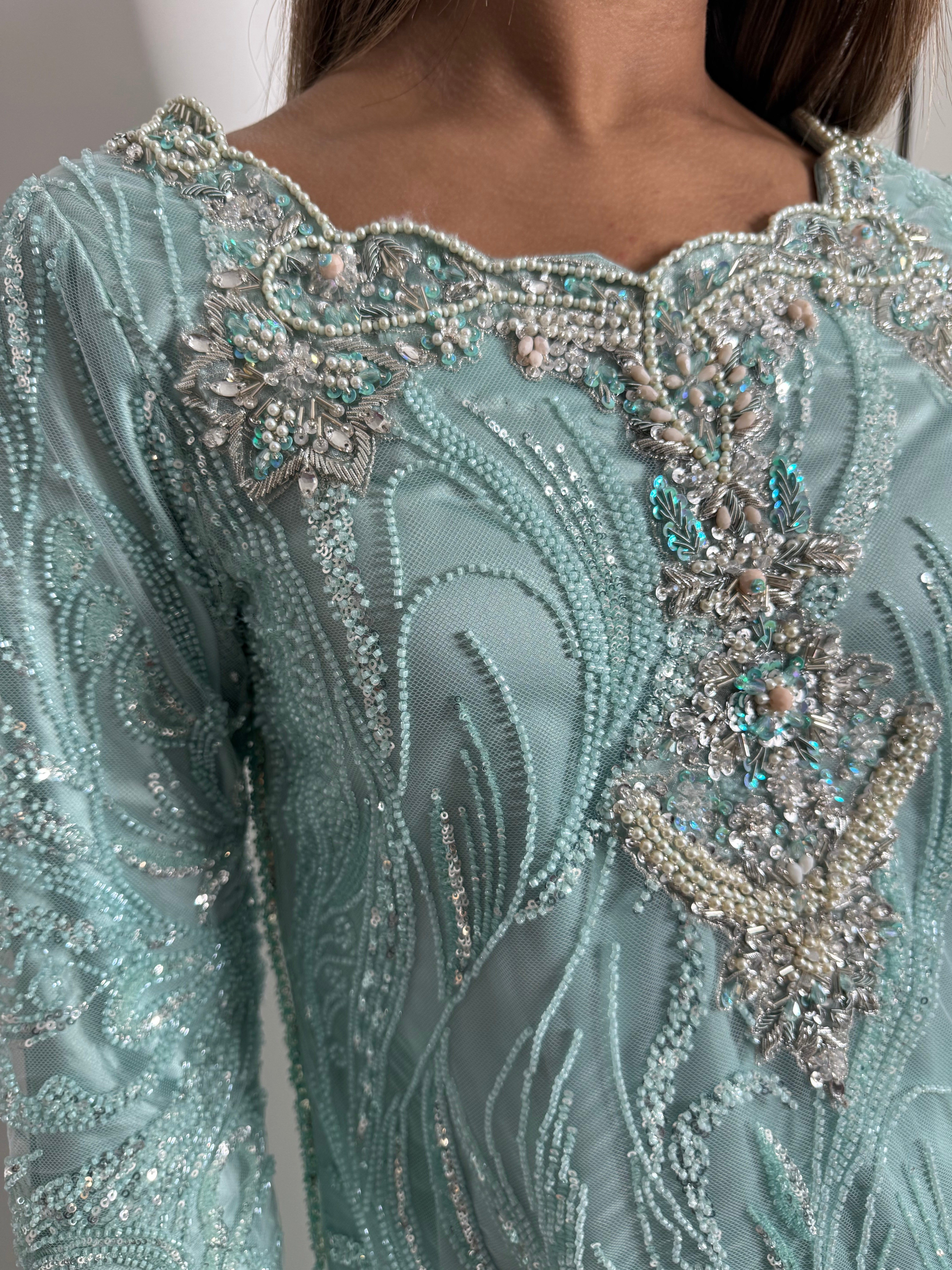 ZARIA MINT CUTDANA HAND EMBROIDERED SILK SHARARA THREE-PIECE EID FORMAL