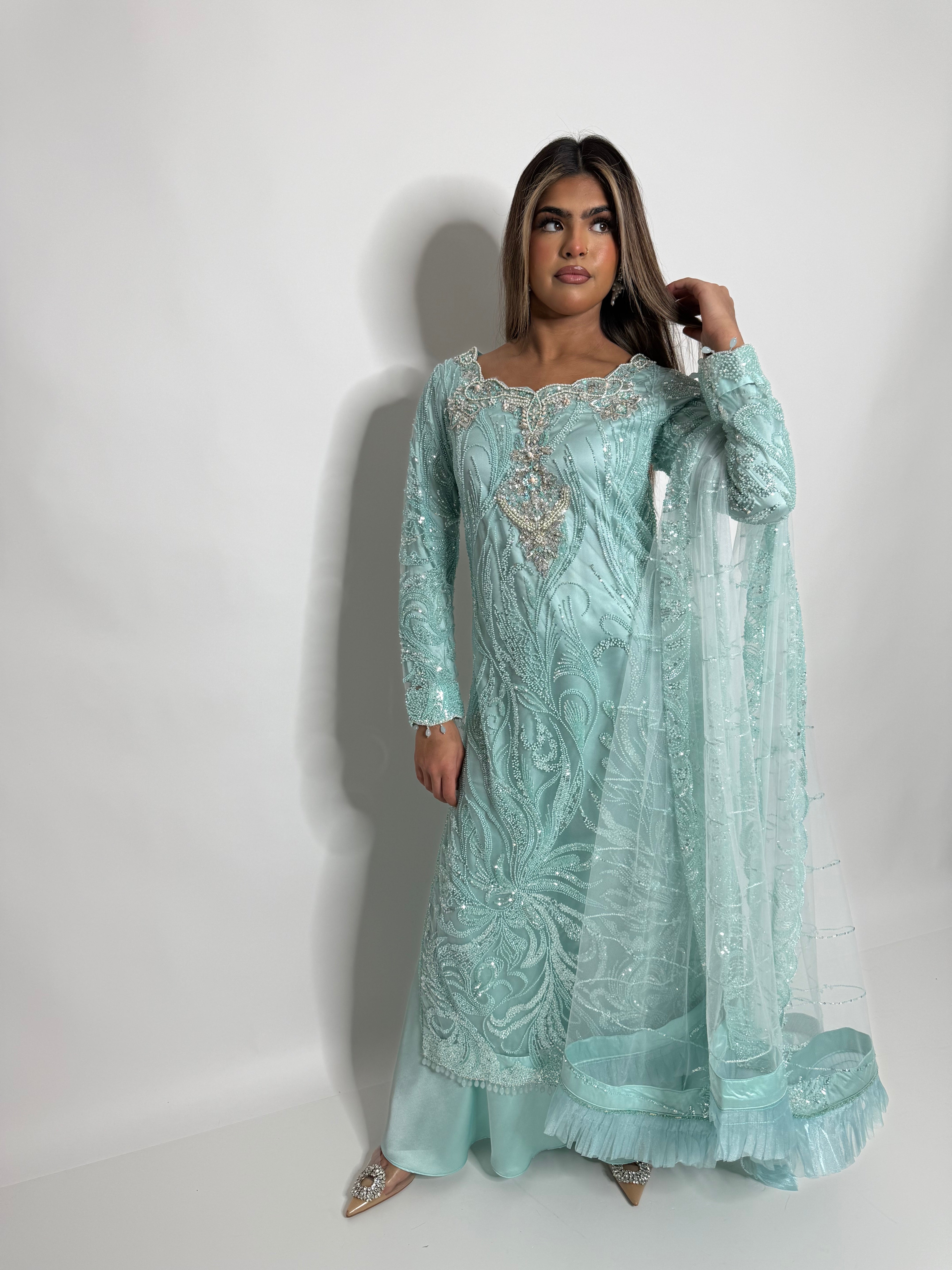 ZARIA MINT CUTDANA HAND EMBROIDERED SILK SHARARA THREE-PIECE EID FORMAL