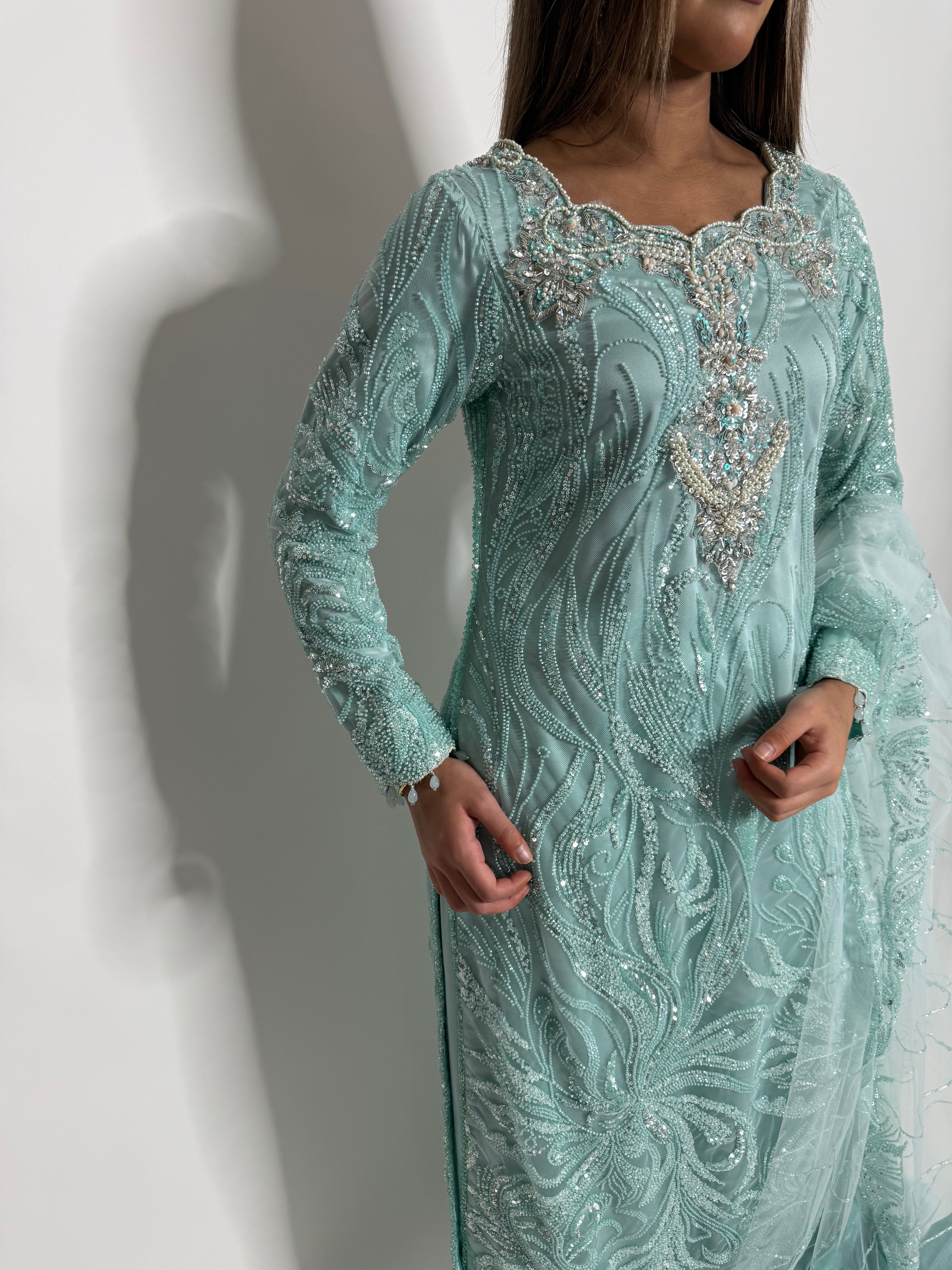 ZARIA MINT CUTDANA HAND EMBROIDERED SILK SHARARA THREE-PIECE EID FORMAL