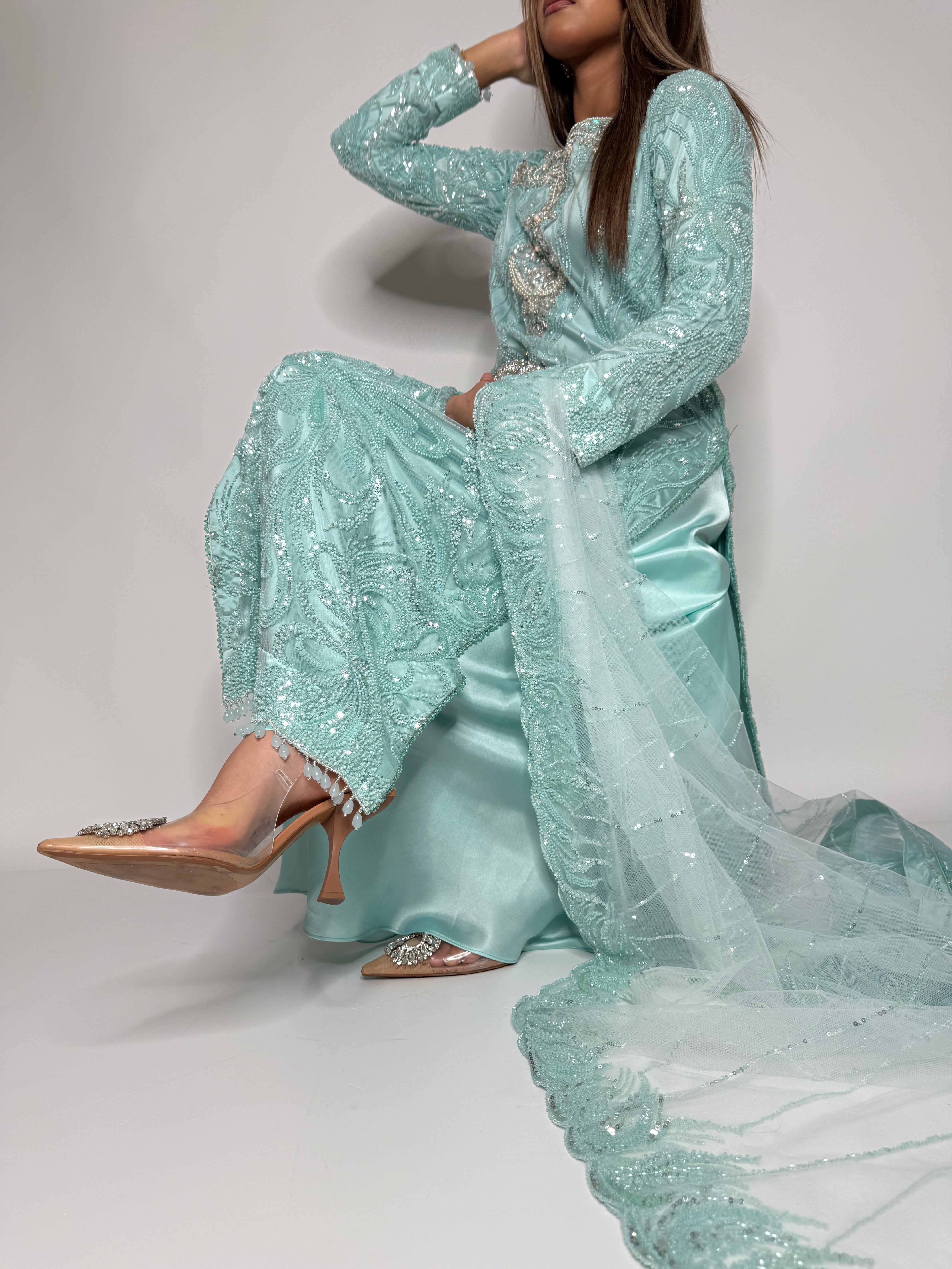 ZARIA MINT CUTDANA HAND EMBROIDERED SILK SHARARA THREE-PIECE EID FORMAL