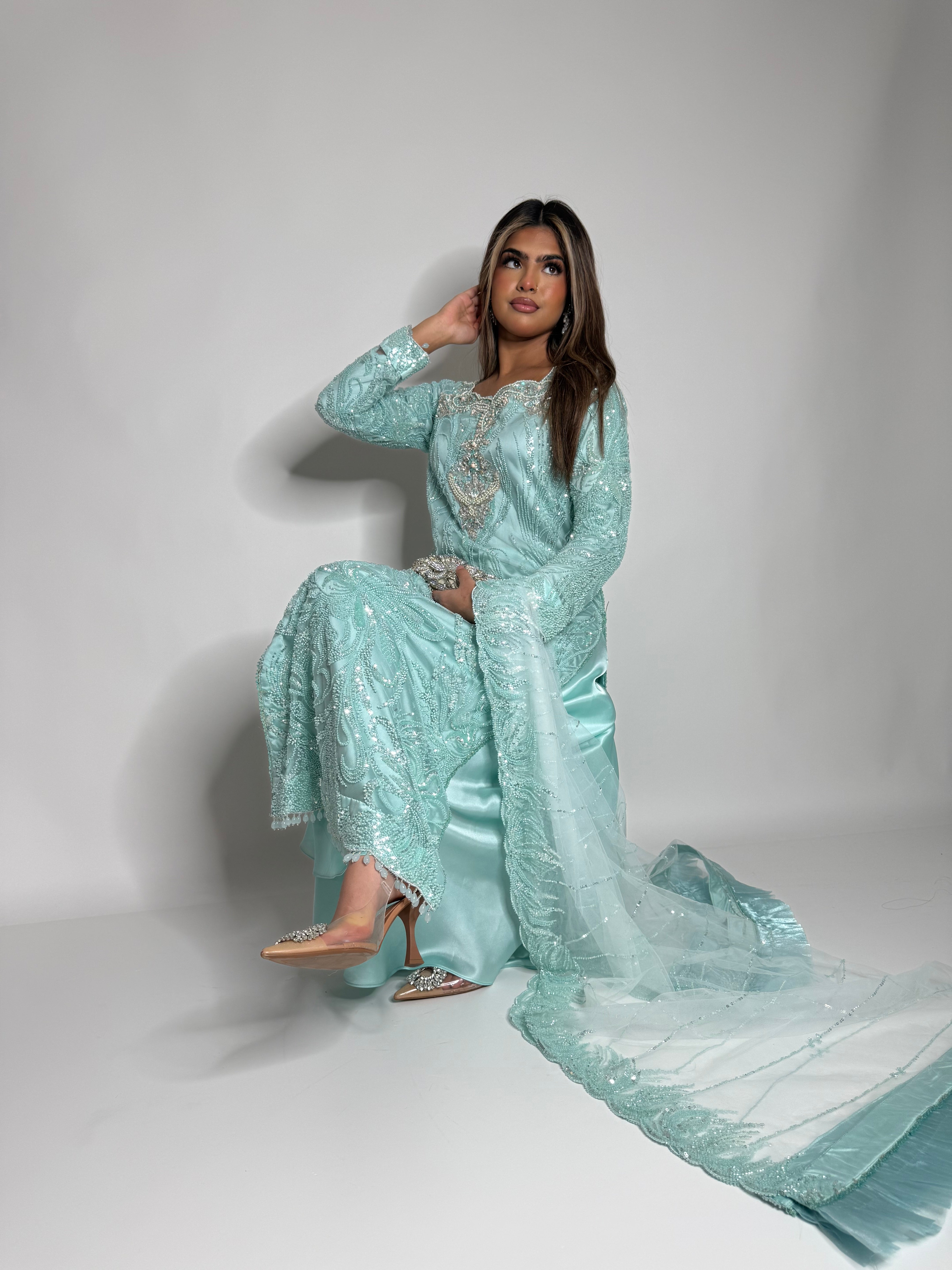 ZARIA MINT CUTDANA HAND EMBROIDERED SILK SHARARA THREE-PIECE EID FORMAL