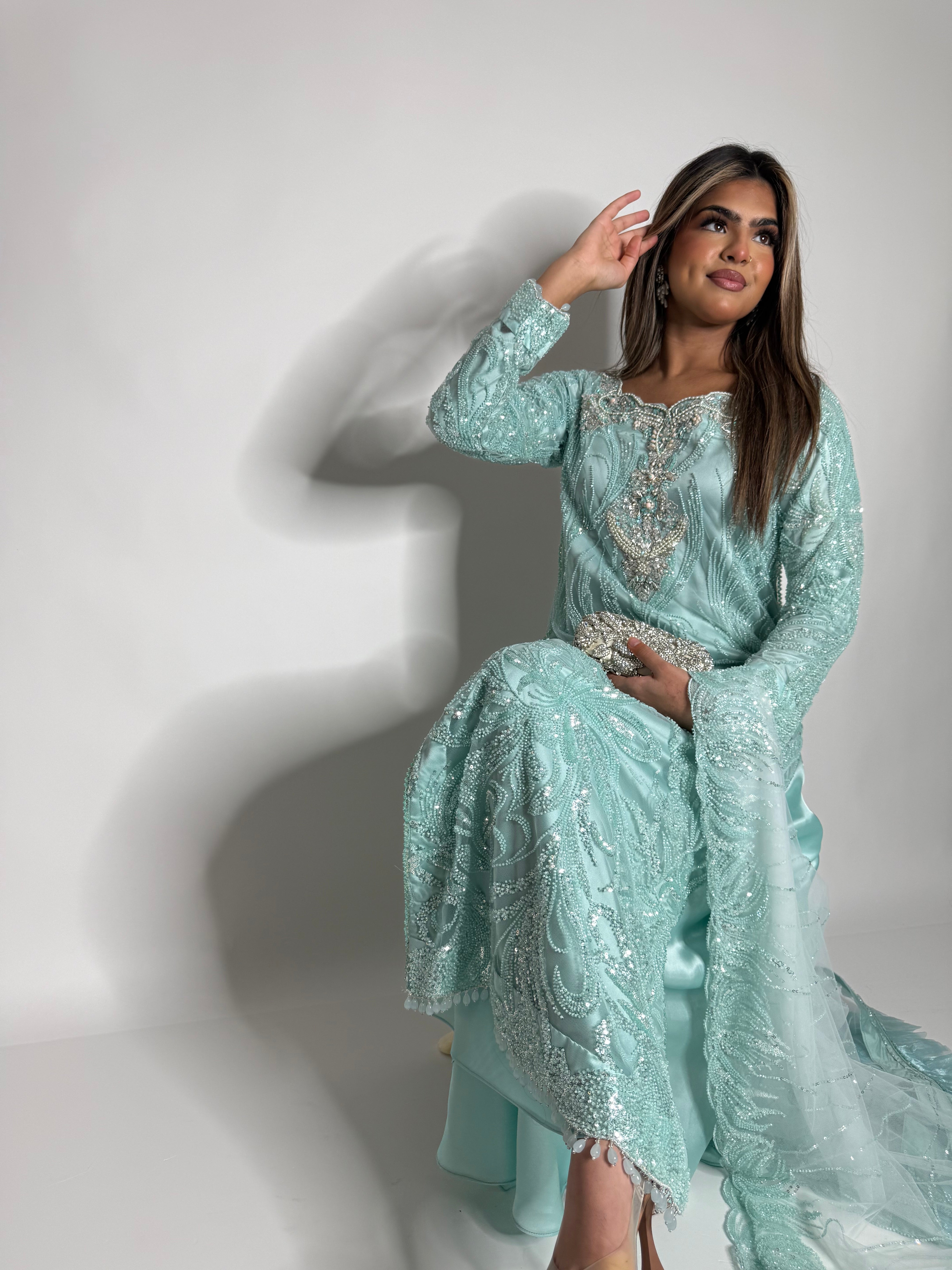 ZARIA MINT CUTDANA HAND EMBROIDERED SILK SHARARA THREE-PIECE EID FORMAL