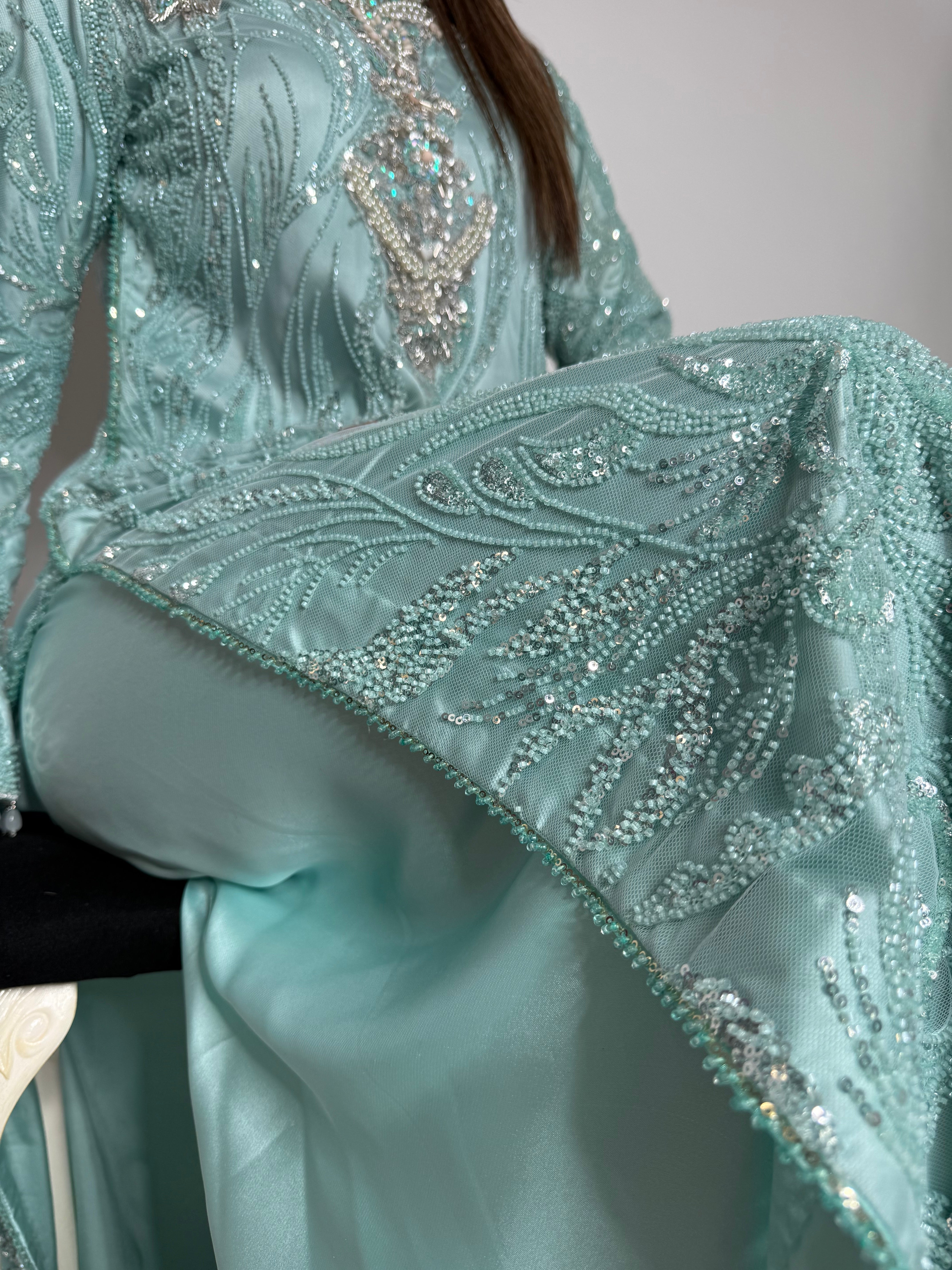 ZARIA MINT CUTDANA HAND EMBROIDERED SILK SHARARA THREE-PIECE EID FORMAL