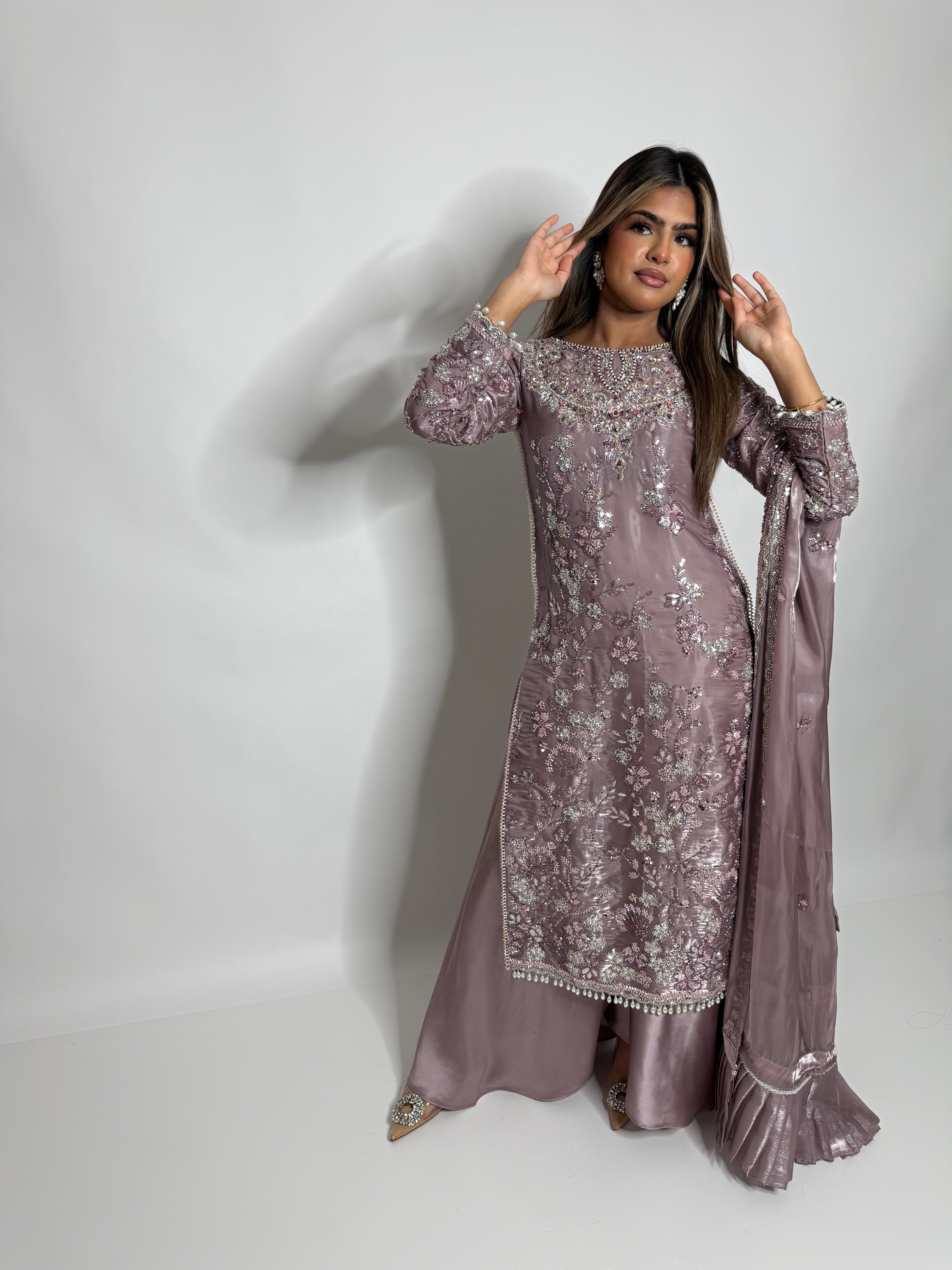 NOORAH MAUVE CUTDANA HAND EMBROIDERED SILK THREE-PIECE EID FORMAL