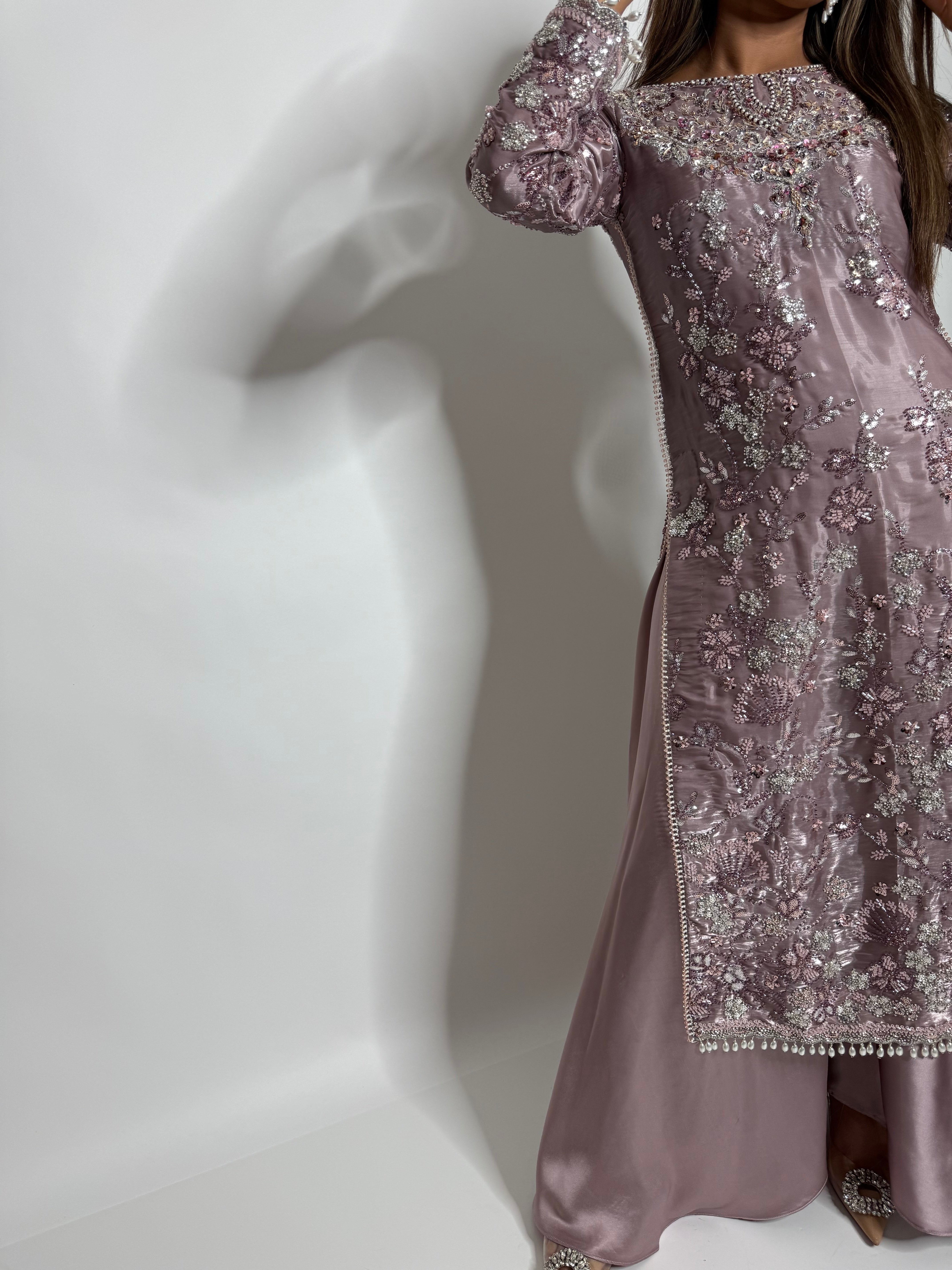 NOORAH MAUVE CUTDANA HAND EMBROIDERED SILK THREE-PIECE EID FORMAL