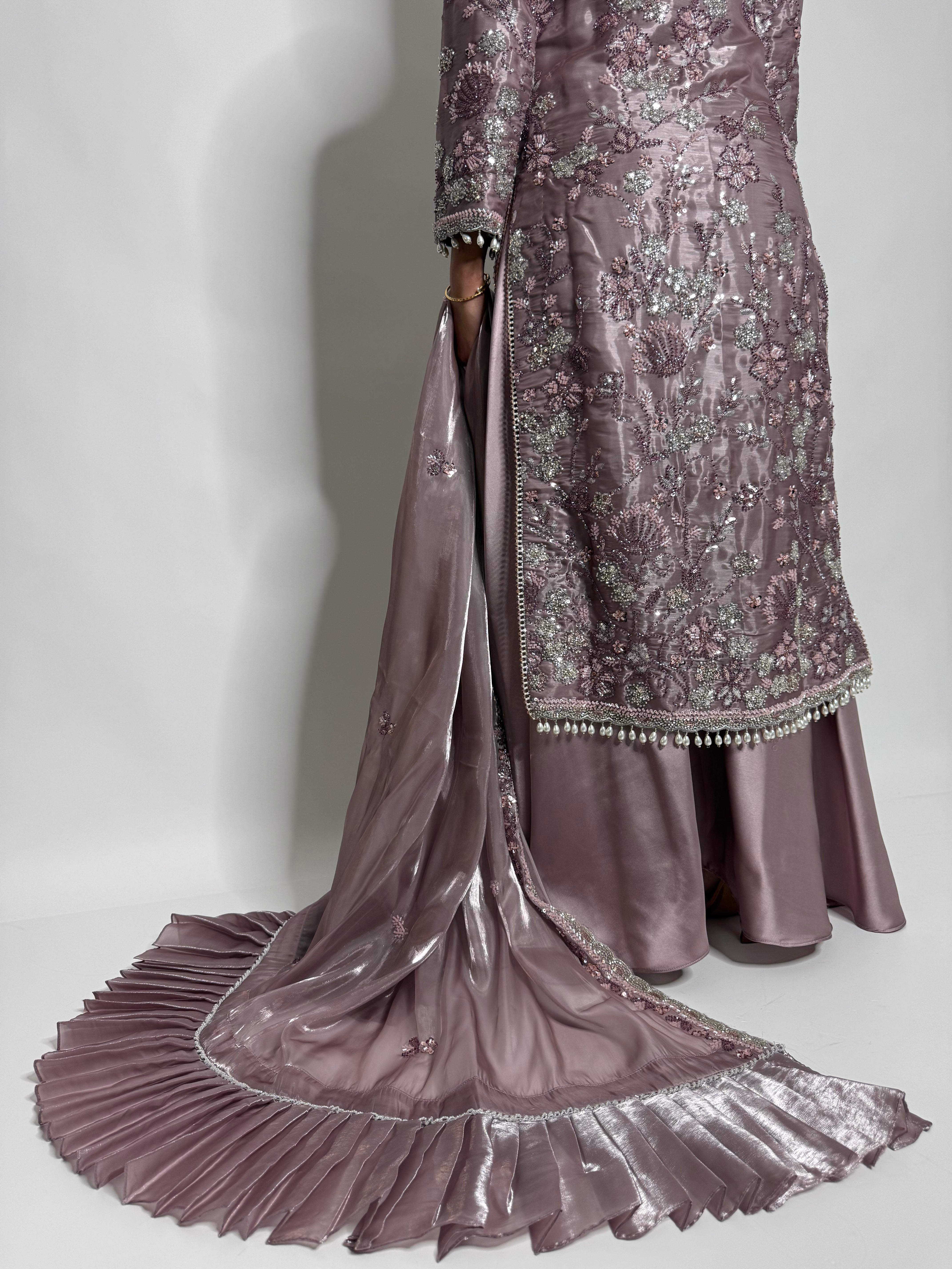 NOORAH MAUVE CUTDANA HAND EMBROIDERED SILK THREE-PIECE EID FORMAL