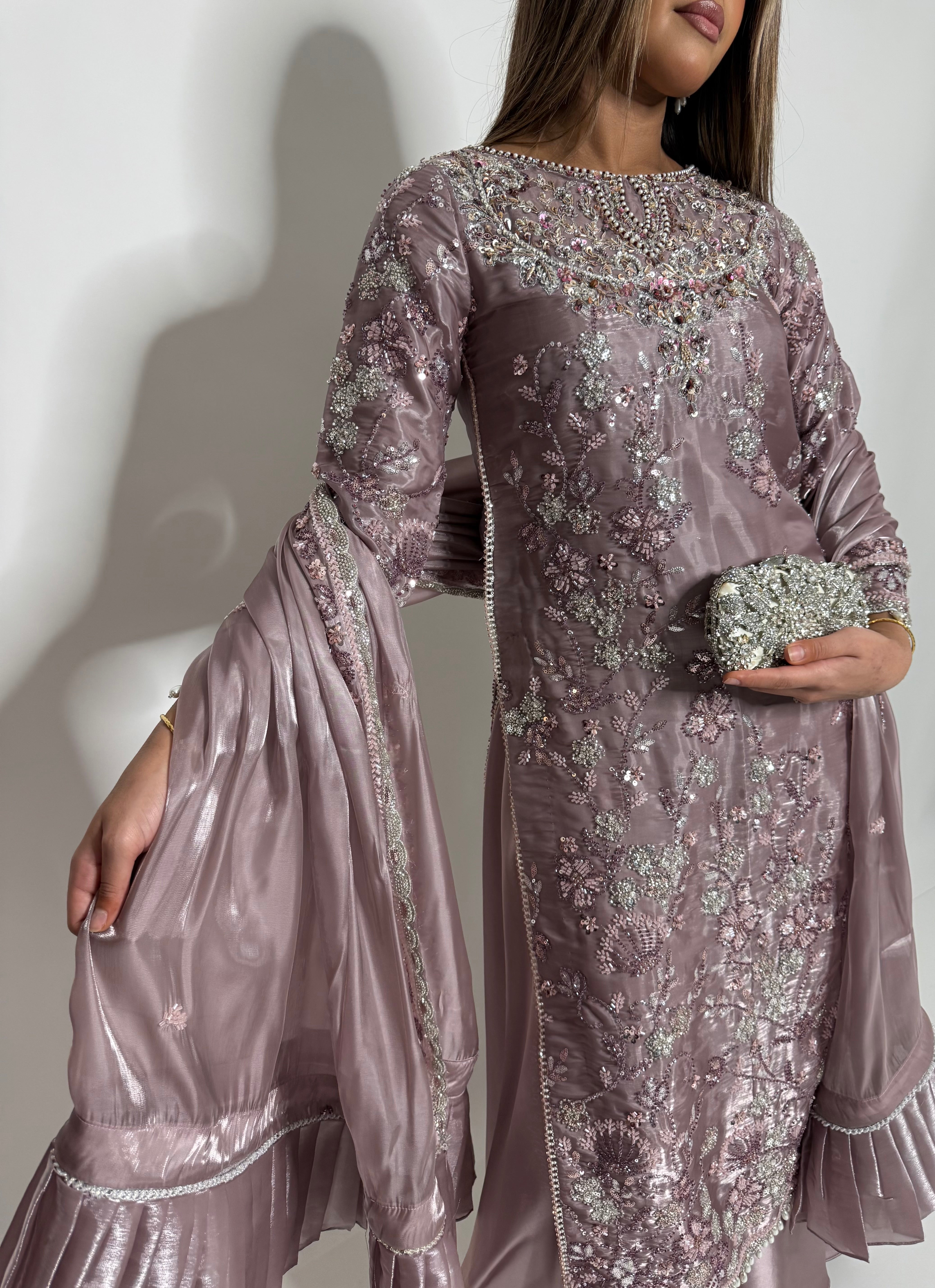 NOORAH MAUVE CUTDANA HAND EMBROIDERED SILK THREE-PIECE EID FORMAL