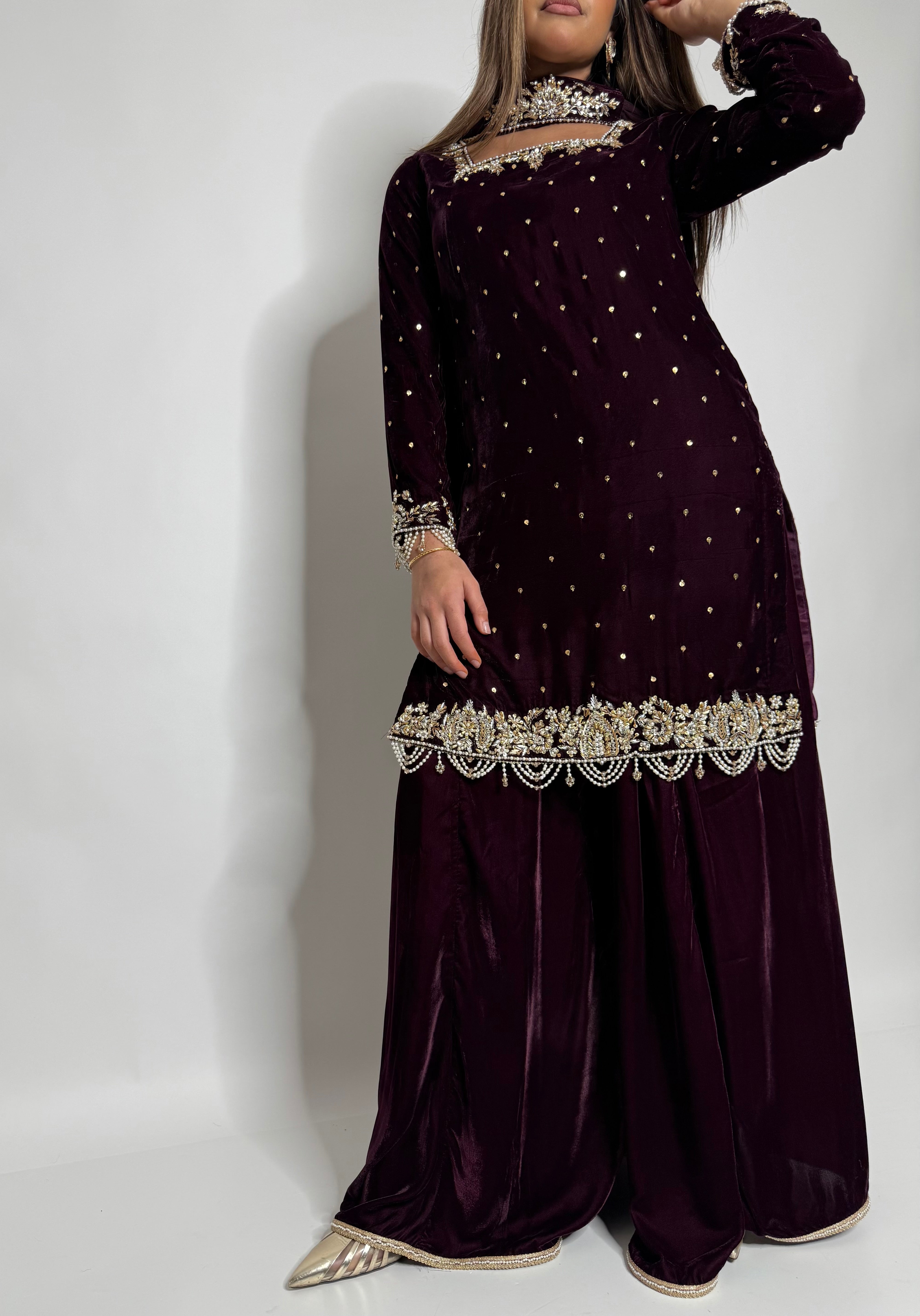 MAHNOOR PLUM GOLD MICRO VELVET THREE-PIECE EID FORMAL