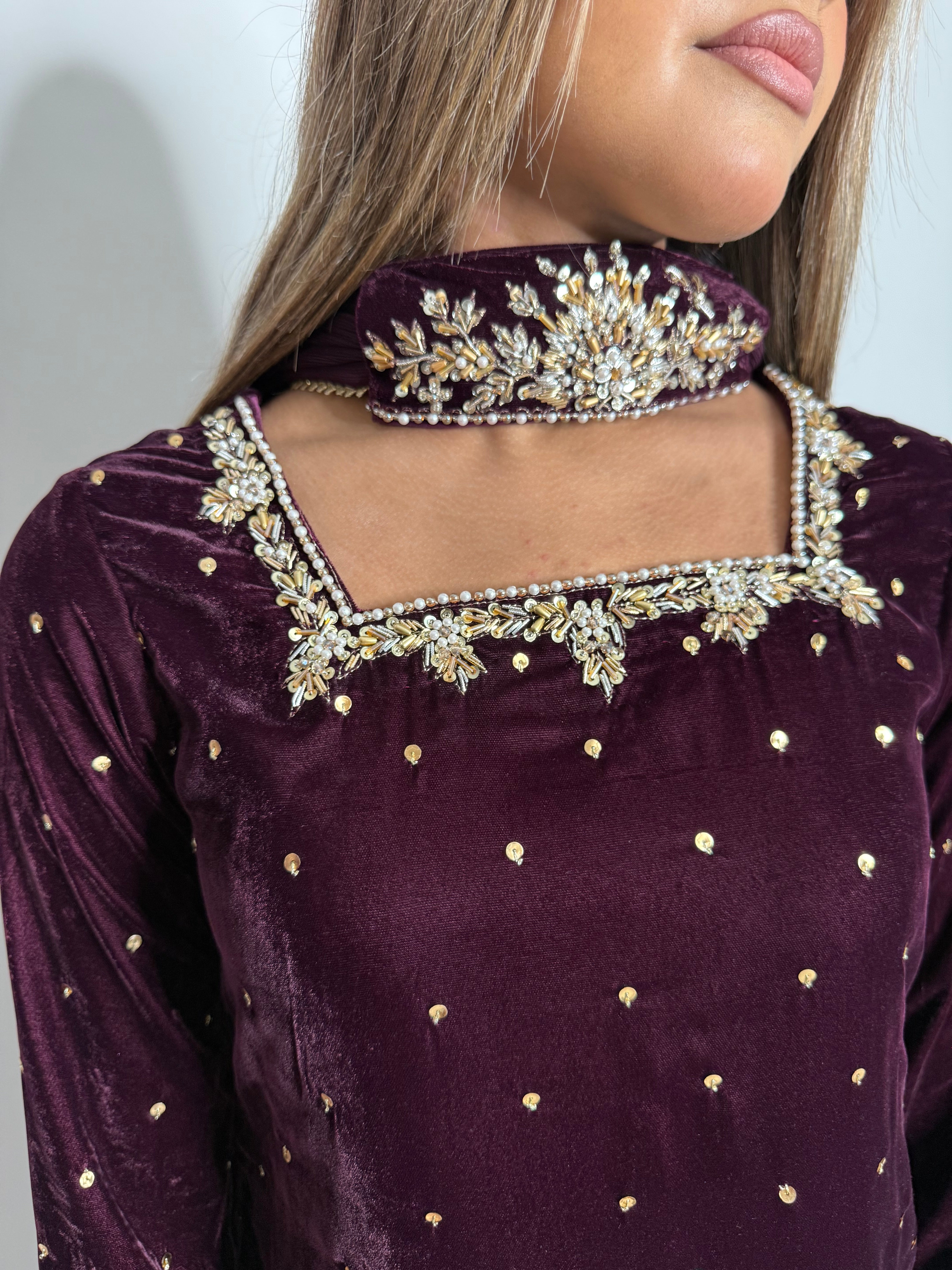 MAHNOOR PLUM GOLD MICRO VELVET THREE-PIECE EID FORMAL