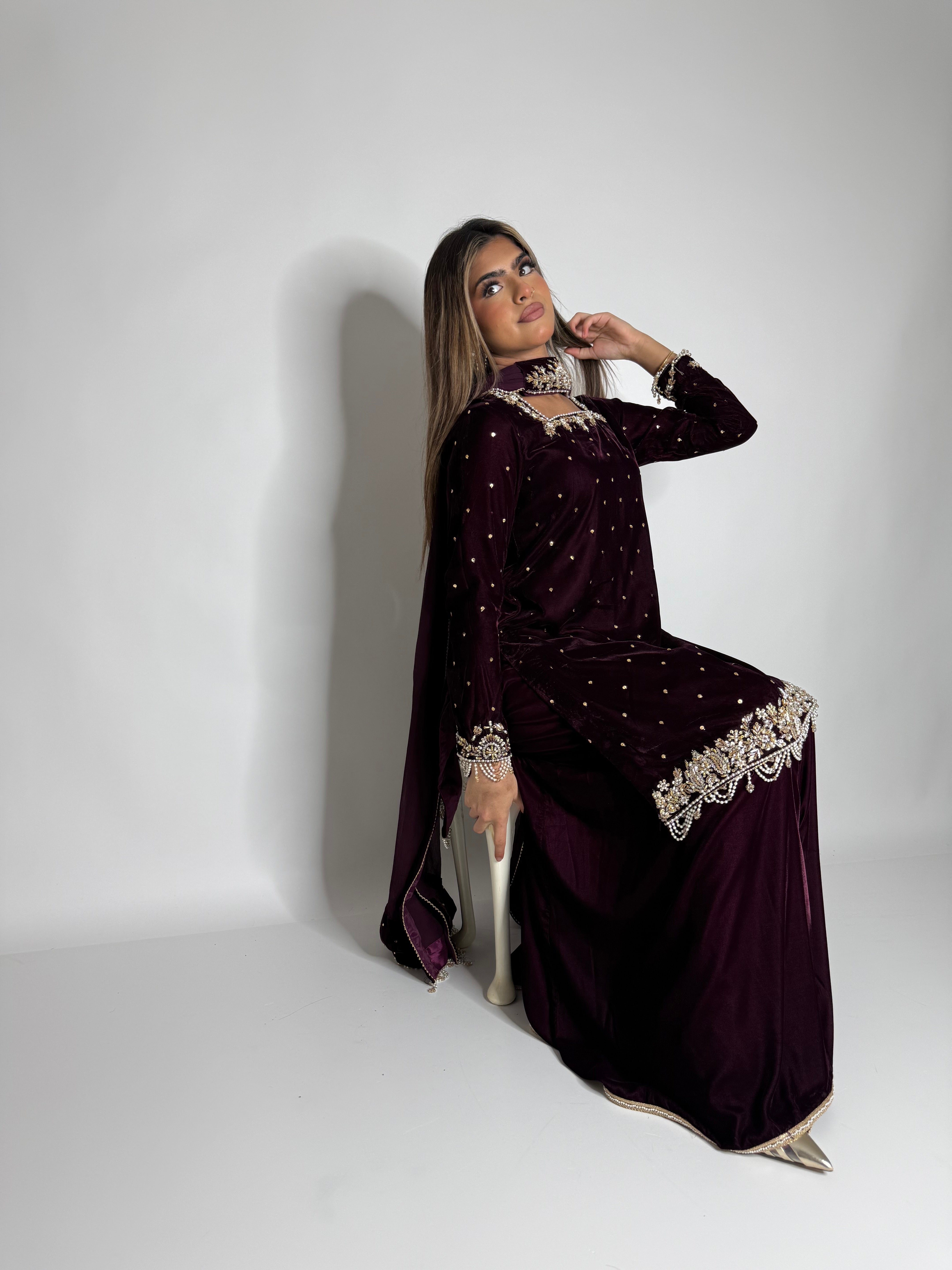 MAHNOOR PLUM GOLD MICRO VELVET THREE-PIECE EID FORMAL