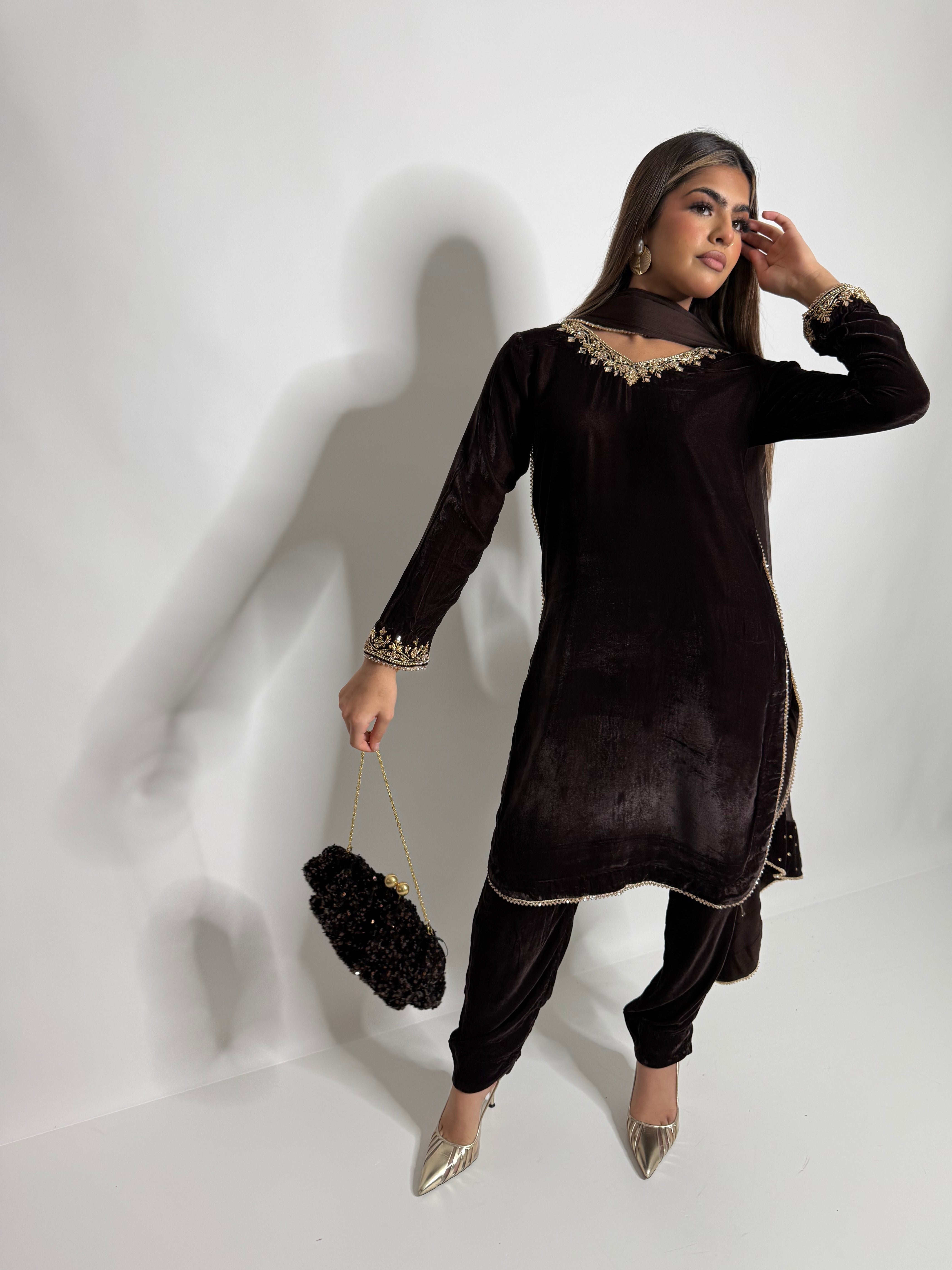 ZAREEN CHOCOLATE GOLD VELVET THREE-PIECE EID FORMAL