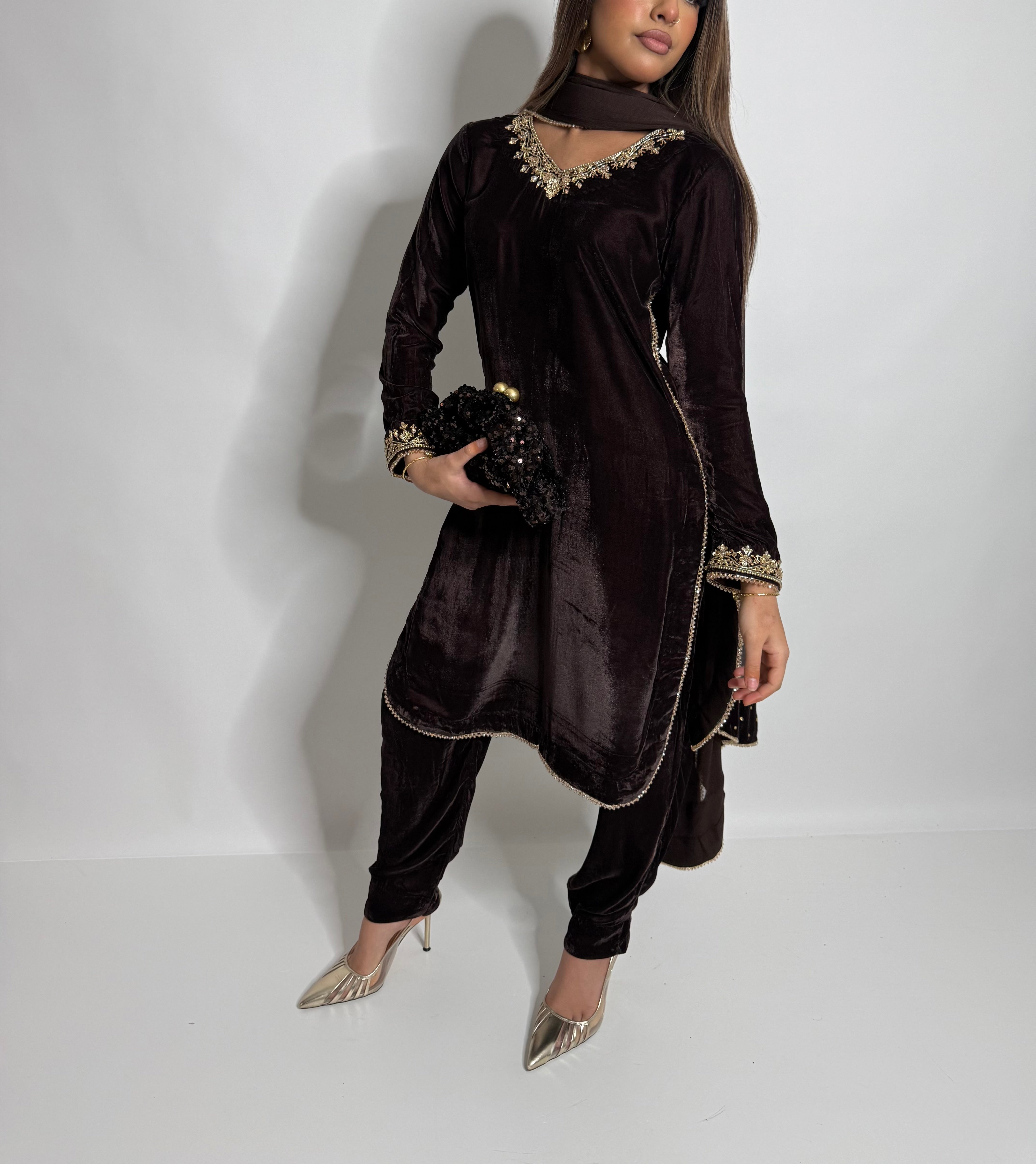 ZAREEN CHOCOLATE GOLD VELVET THREE-PIECE EID FORMAL