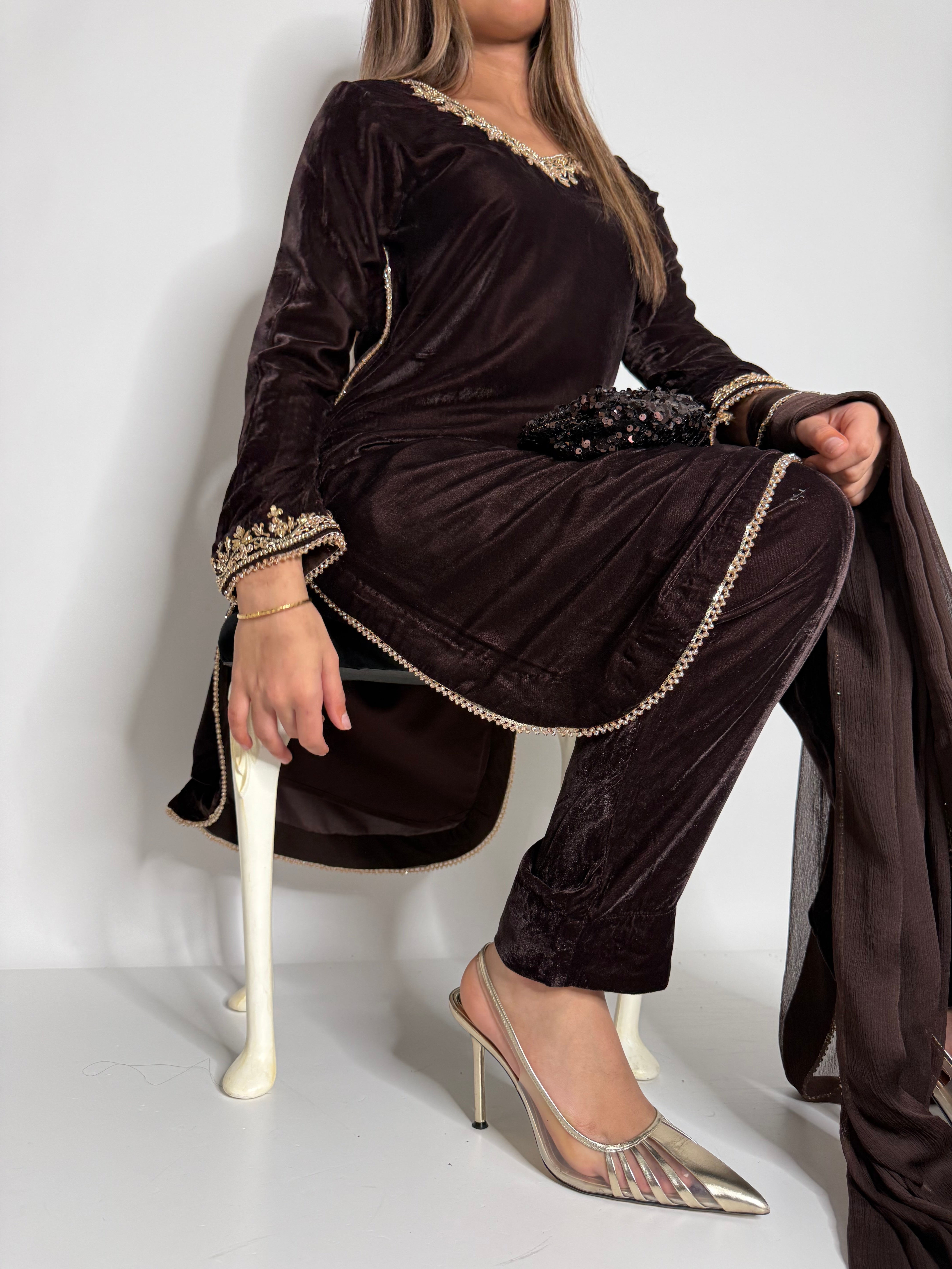 ZAREEN CHOCOLATE GOLD VELVET THREE-PIECE EID FORMAL