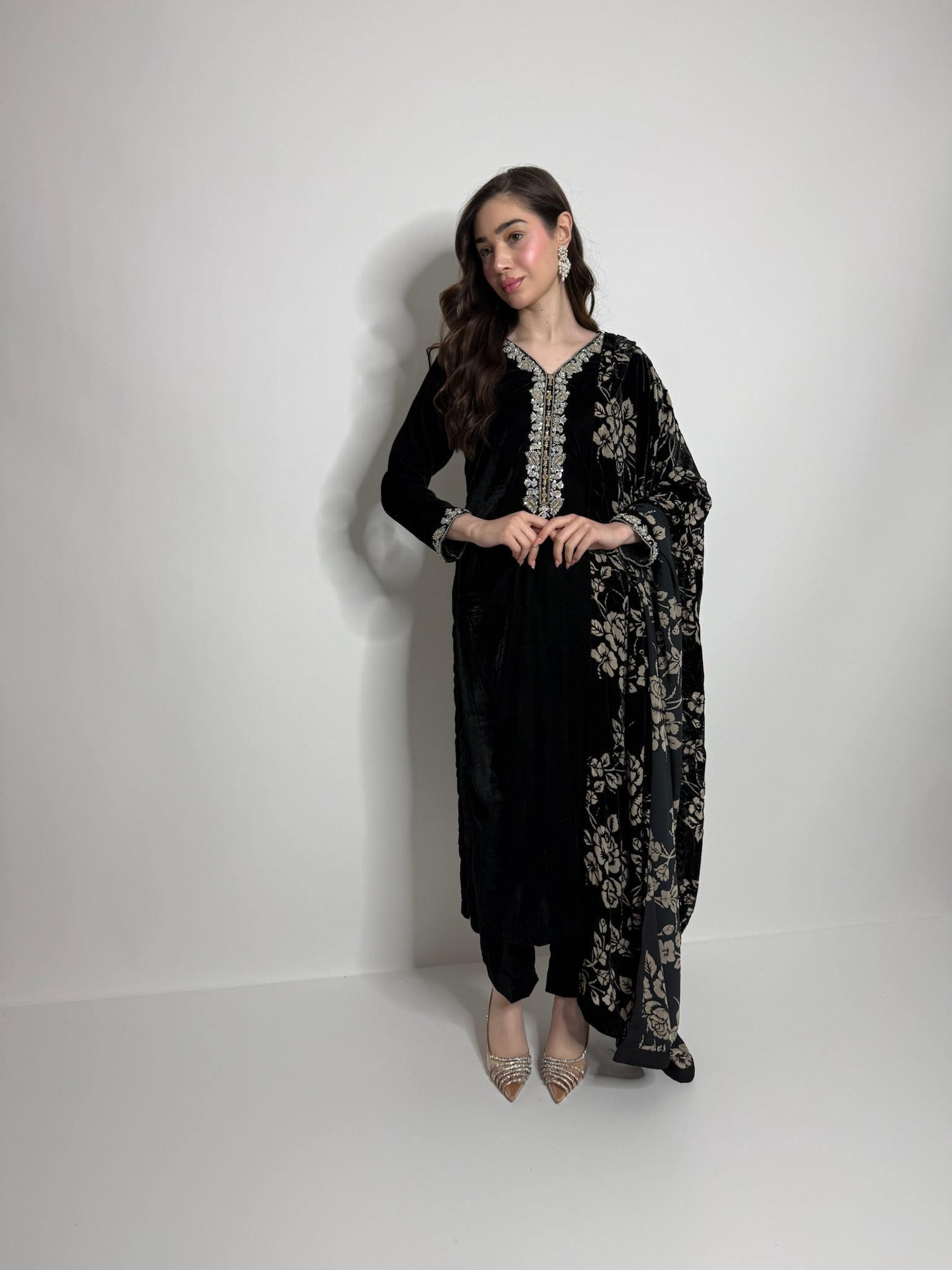 Nyxara black velvet ada work three piece Eid outfit