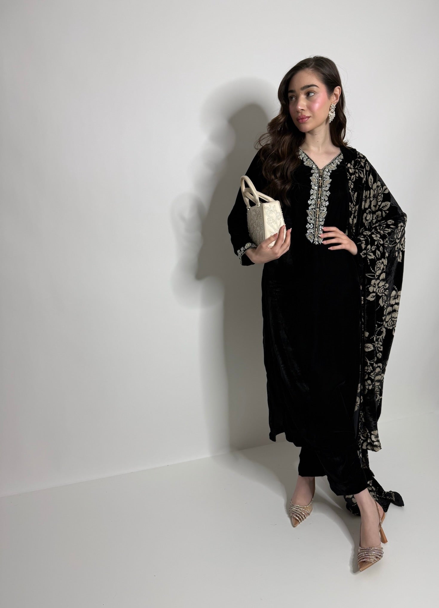 Black velvet festive wear with palachi shawl