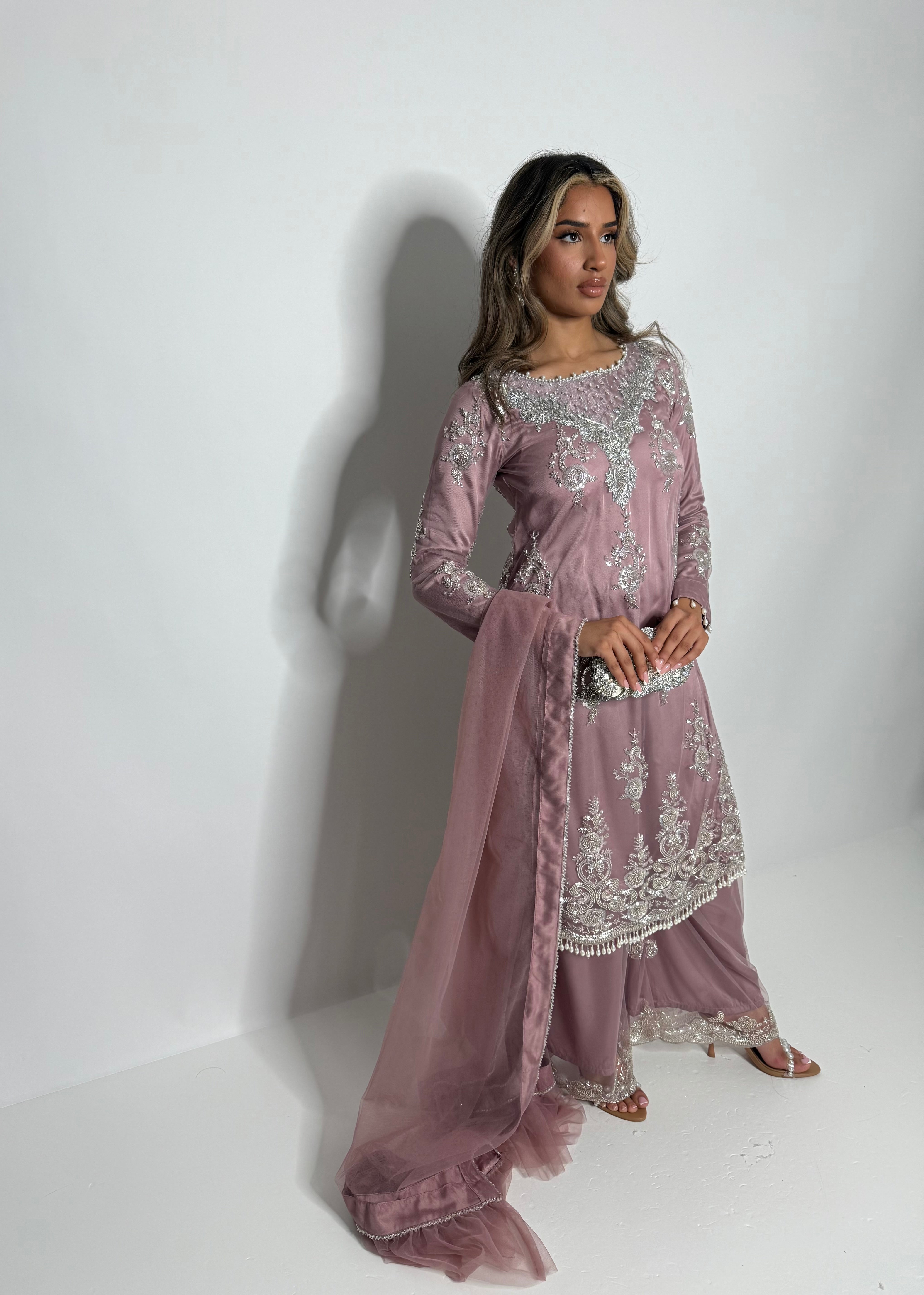 Mauve embellished Pakistani suit with silver embroidery - Ameliyana boutique 