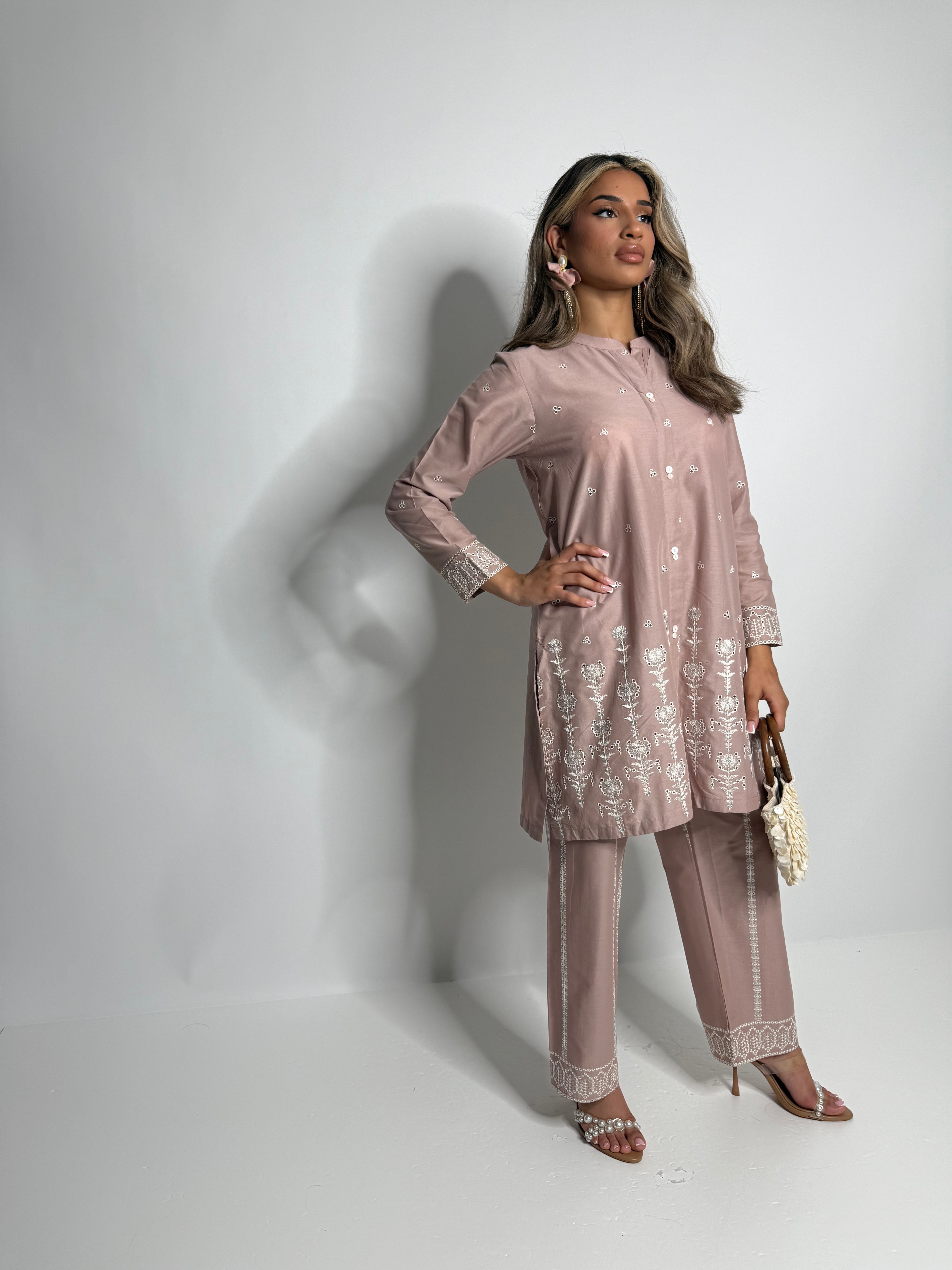 Limelight taupe lawn three-piece outfit designer 
