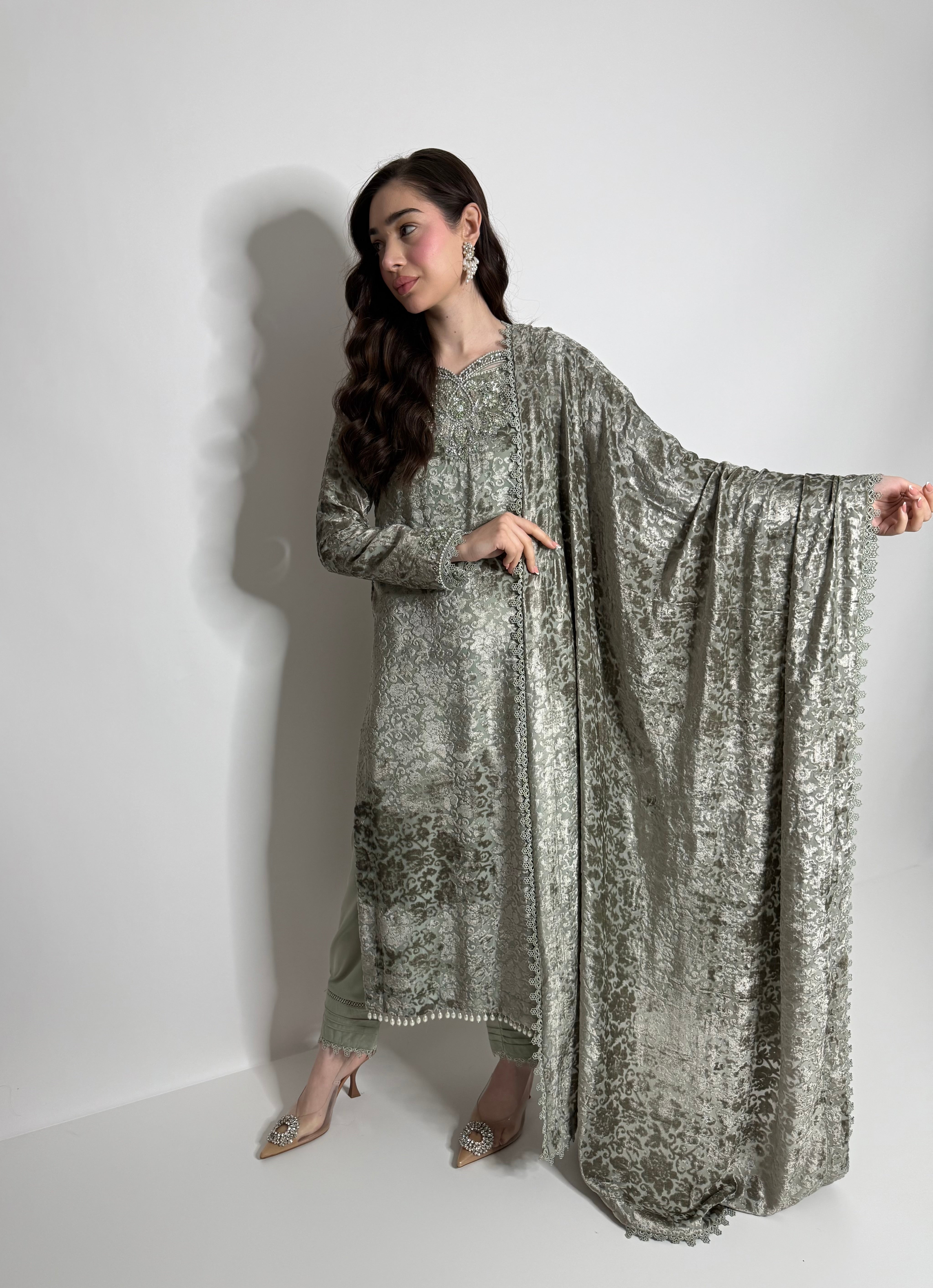Winter Eid palachi three piece with matching shawl